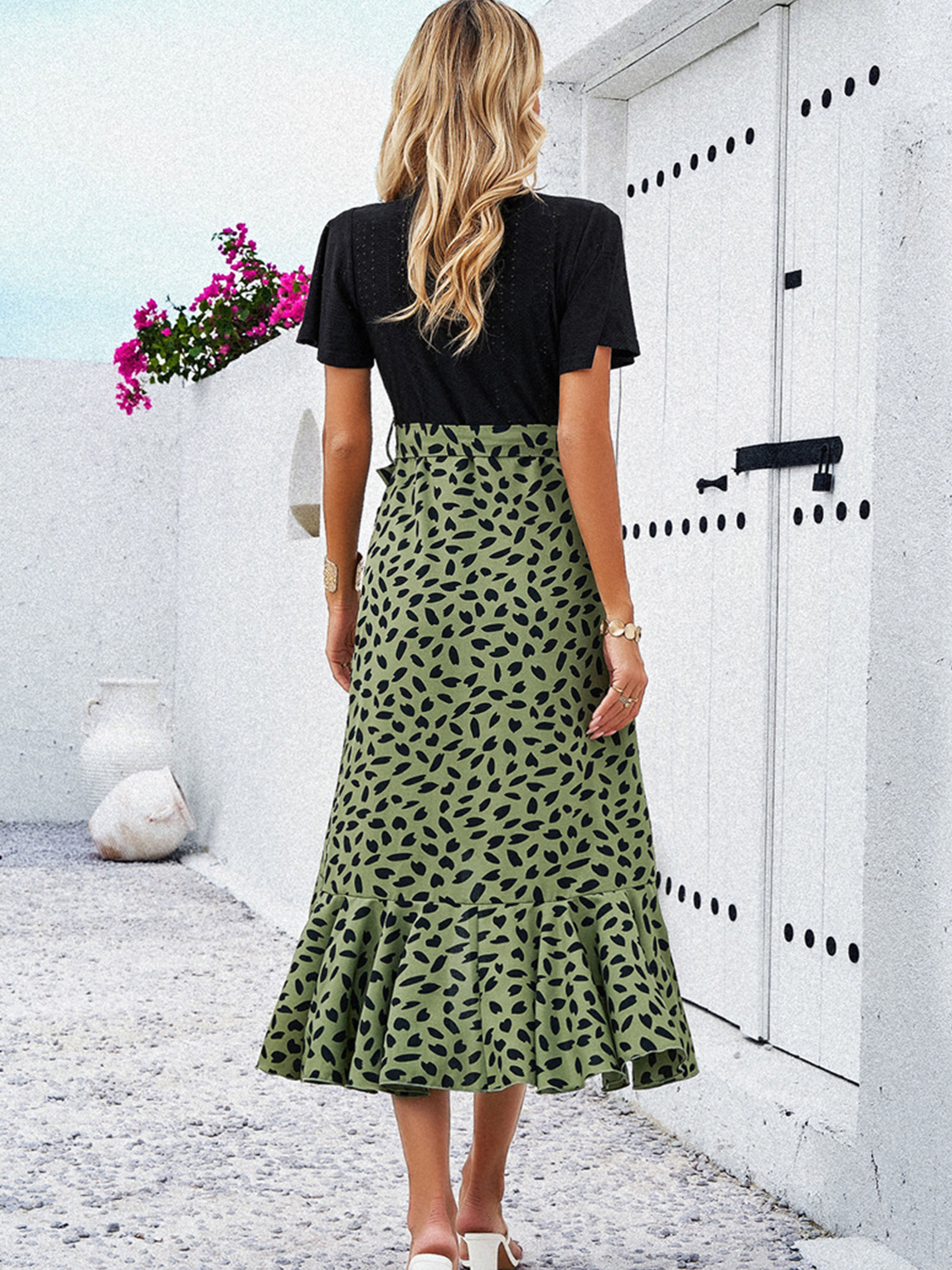 Elégante Robe Invitée de Mariage VERT OLIVE à Pois Robe Mi-longue Col V Manches Courtes