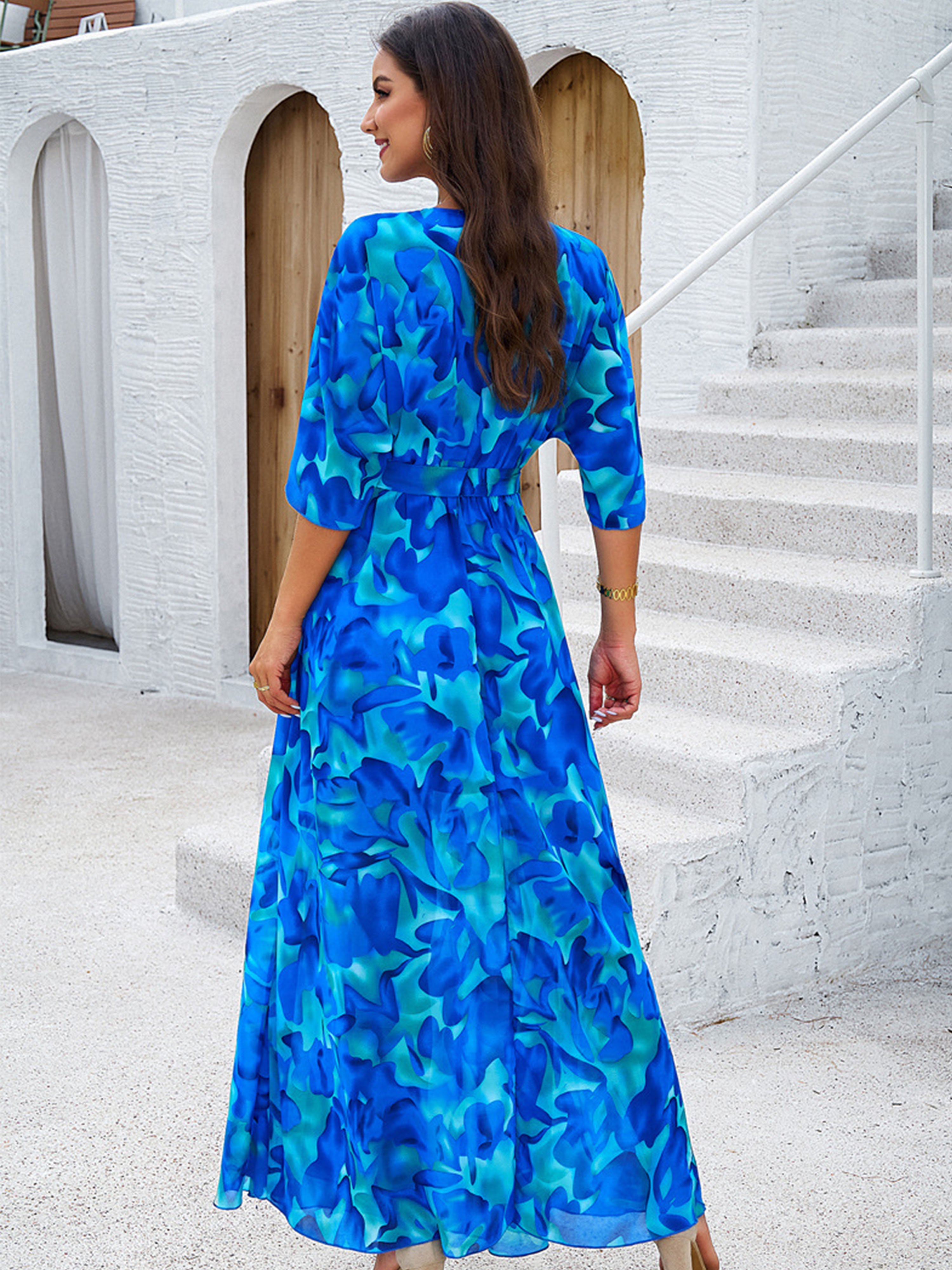 Robe Florale en Bleu Trapèze Col V Manches Mi-Longue Robe Invitée de Mariage