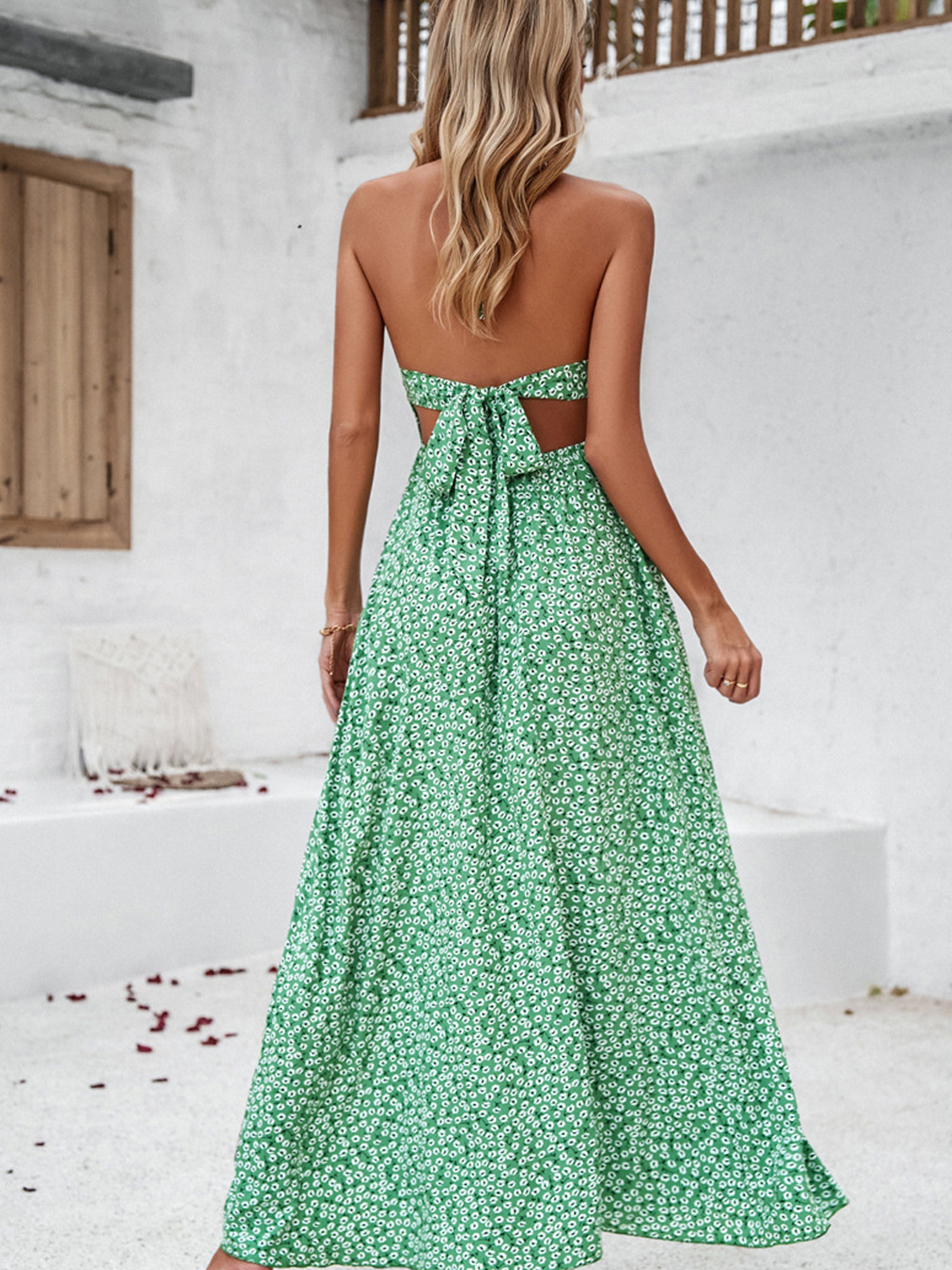 Robe en Vert Licou Trapèze Col V Sans Manches Robe Invitée de Mariage