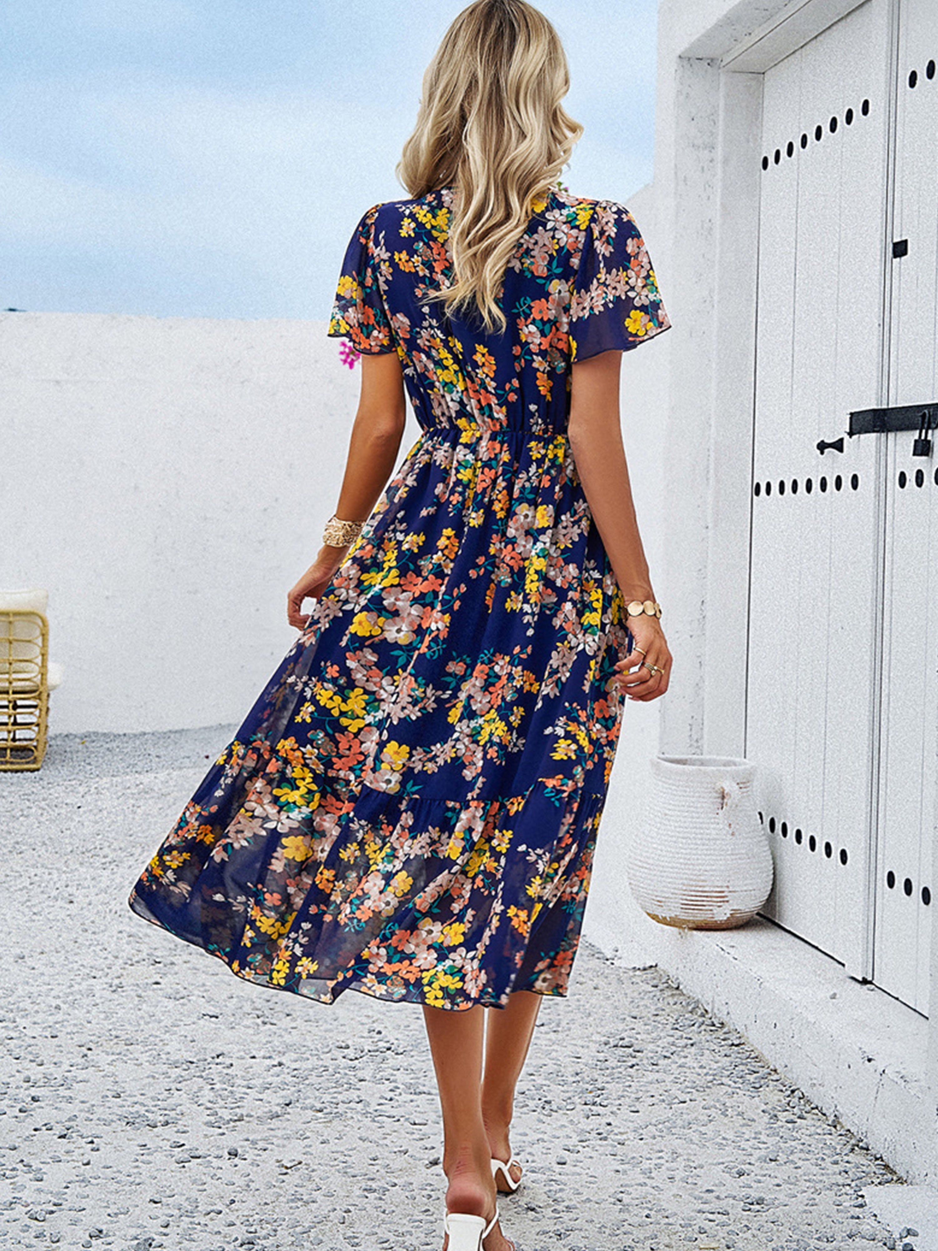 Robe Invitée de Mariage bohème à fleurs Robe BLEU MARINE Longue Col V Manches Courtes