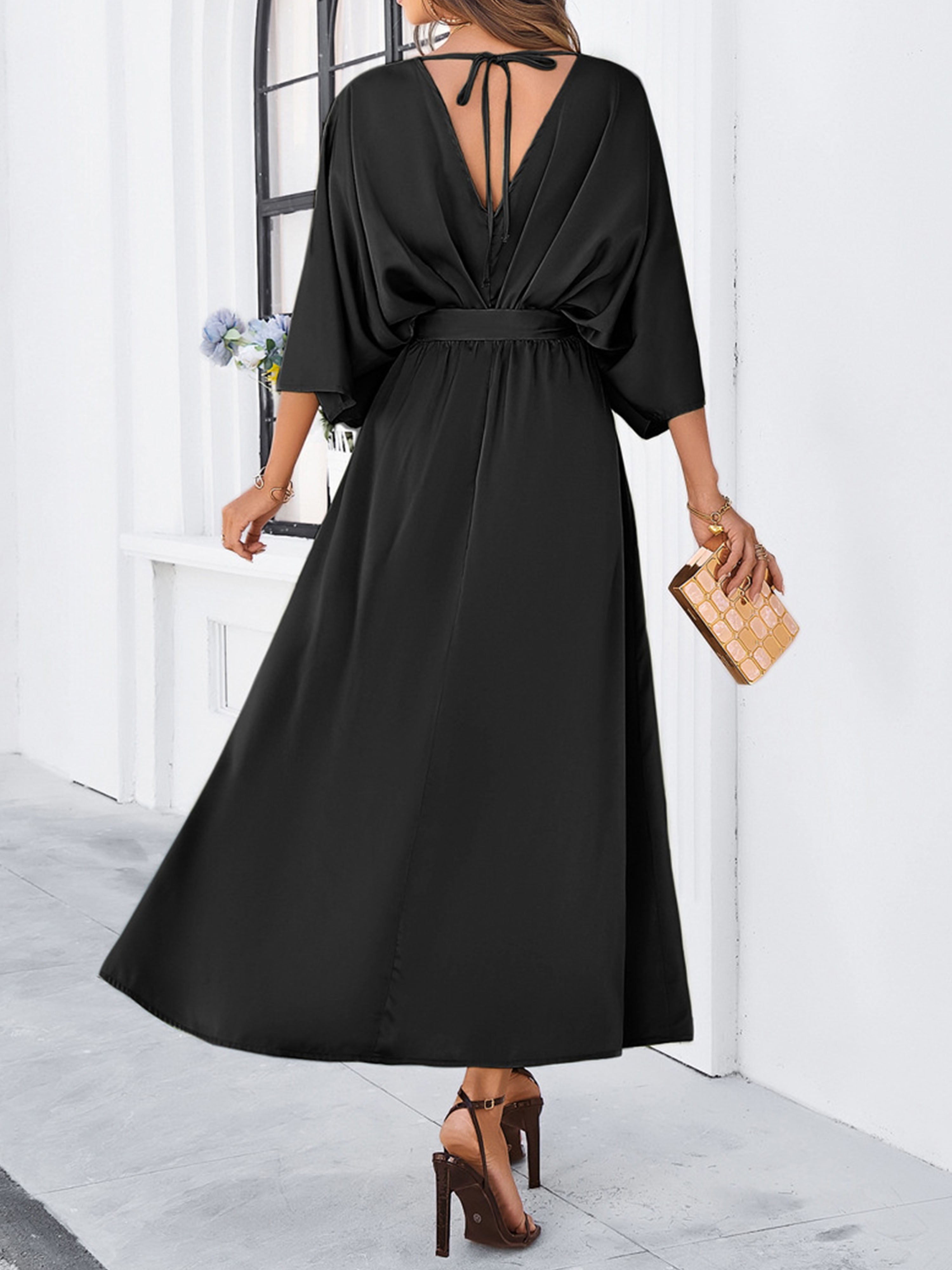 Elégante Robe Invitée de Mariage Noir Col V 3/4 Manches avec Ceinture