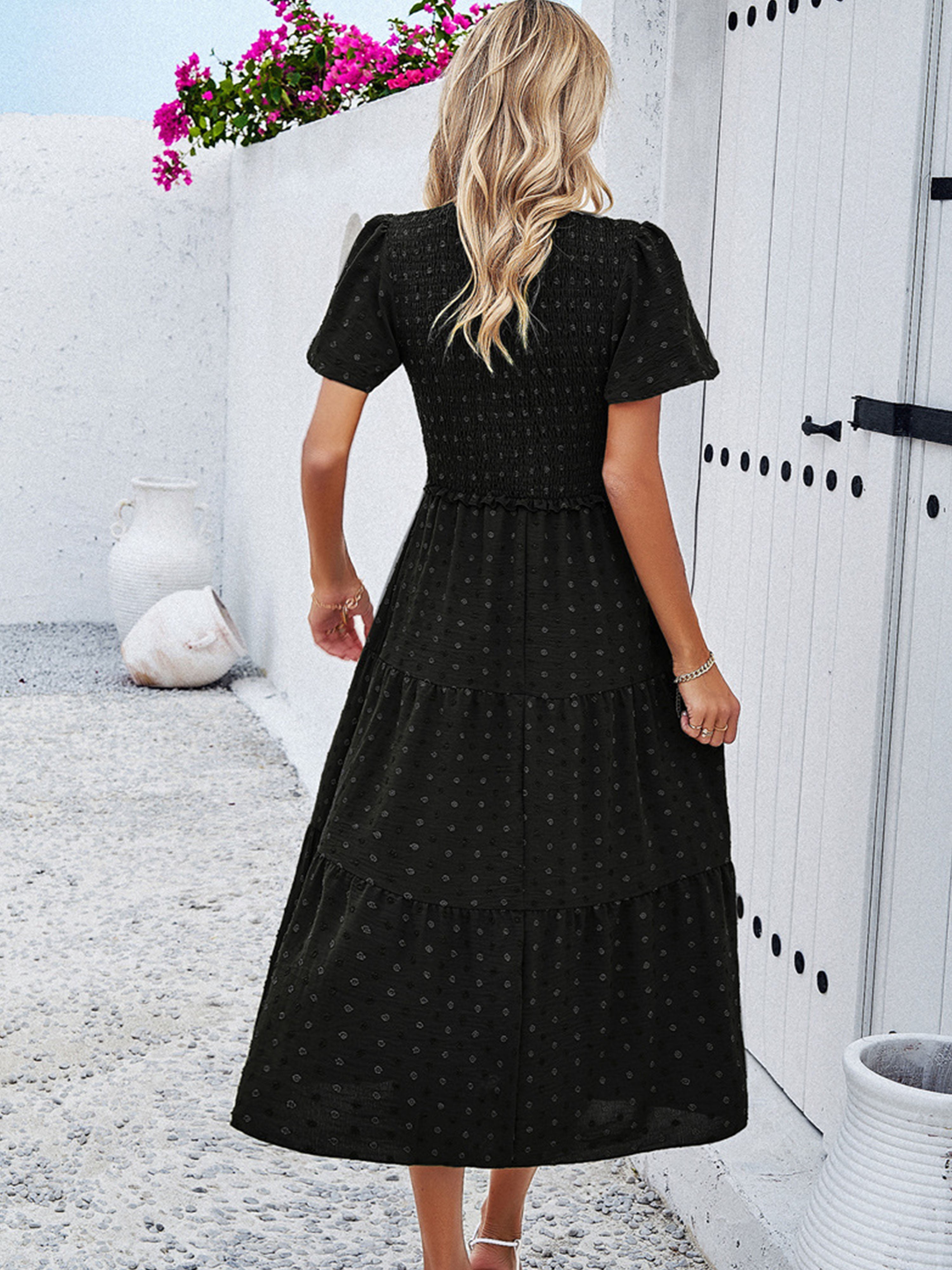Robe Invitée de Mariage Noir Robe à Pois Mi-longue Col V Manches Courtes