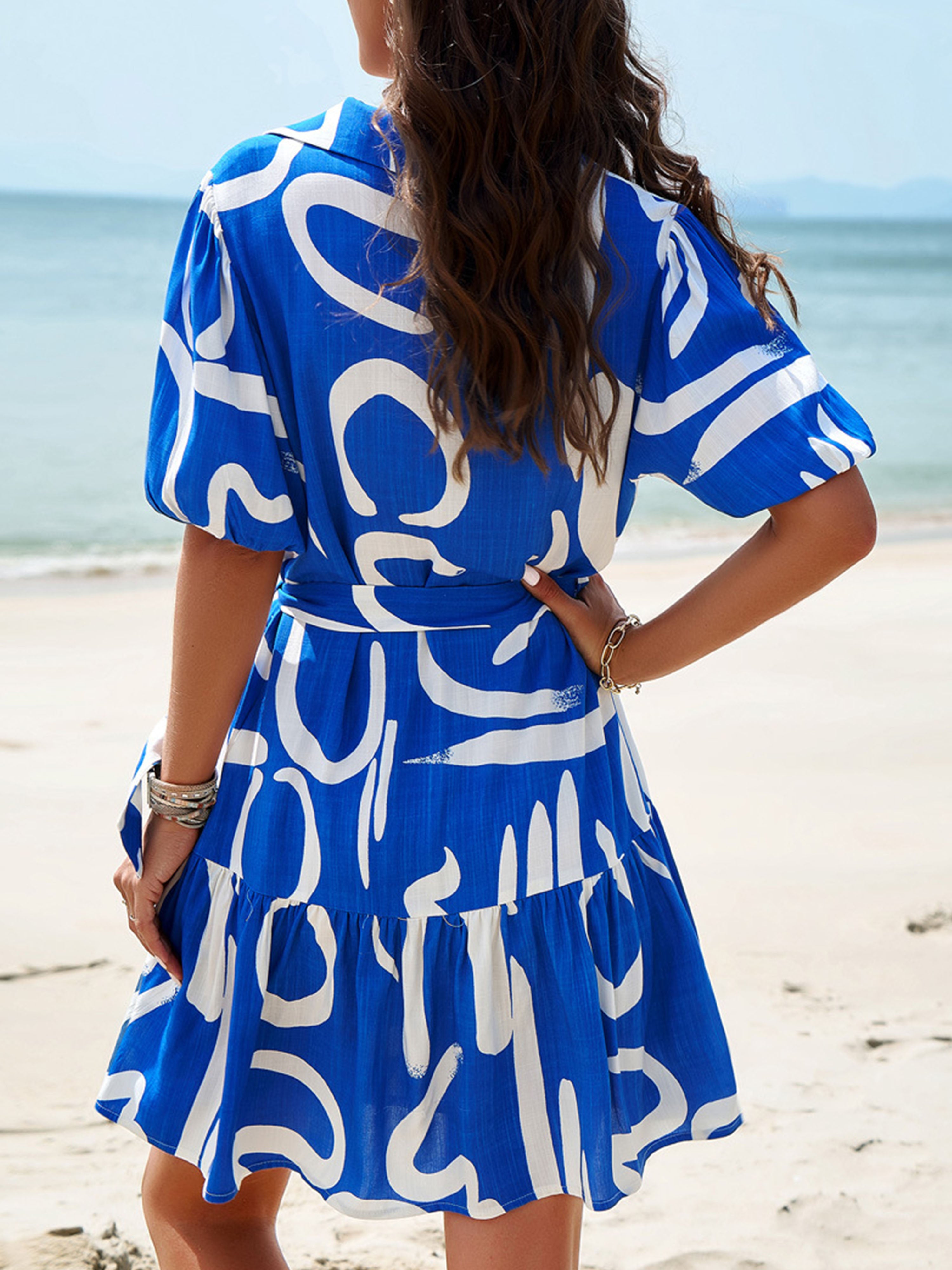 Robe en Bleu Trapèze Col Polo Manches Courtes Robe Invitée de Mariage