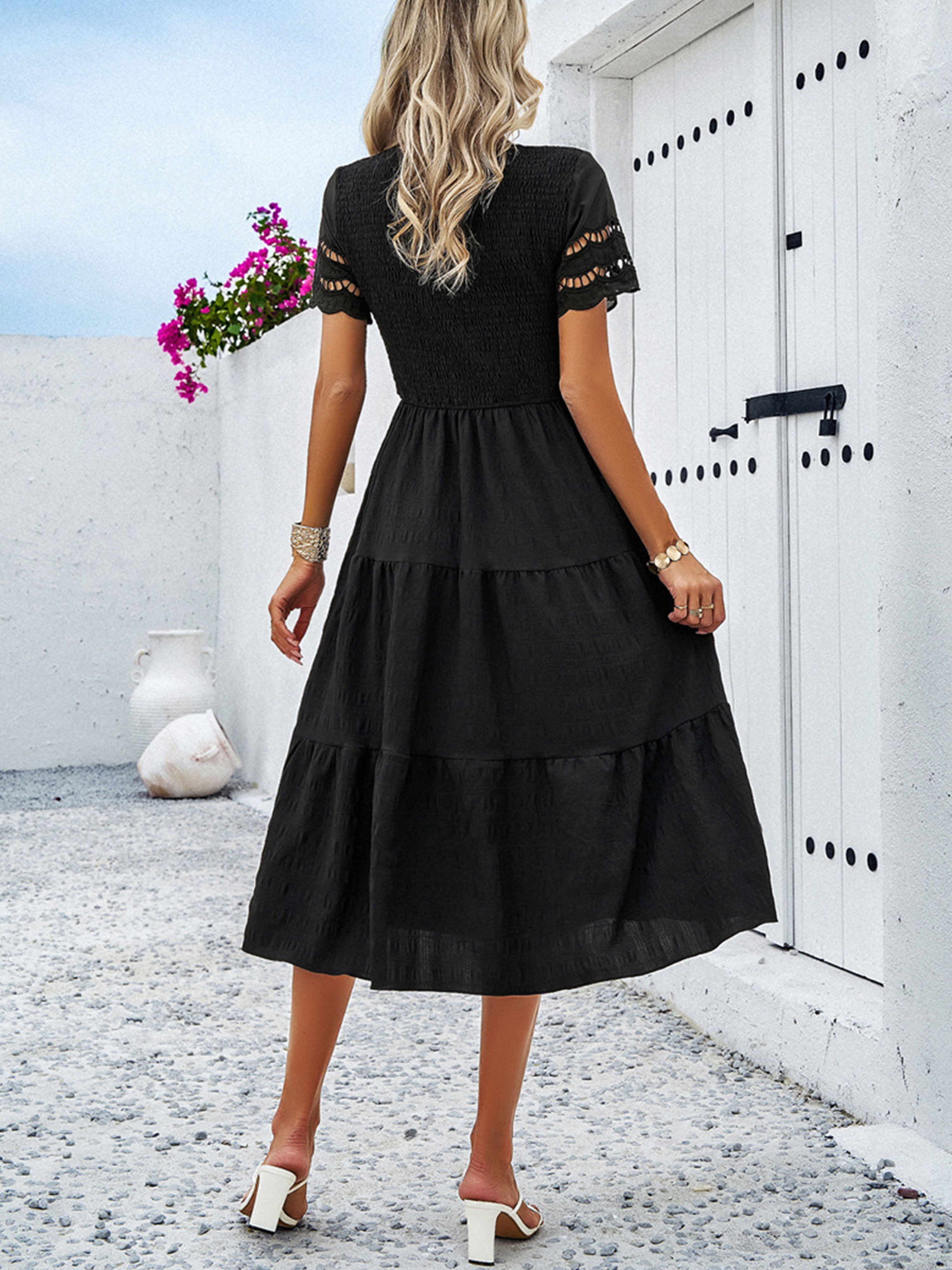 Robe en Noir Col Rond Manches Courtes Trapèze Robe Invitée de Mariage