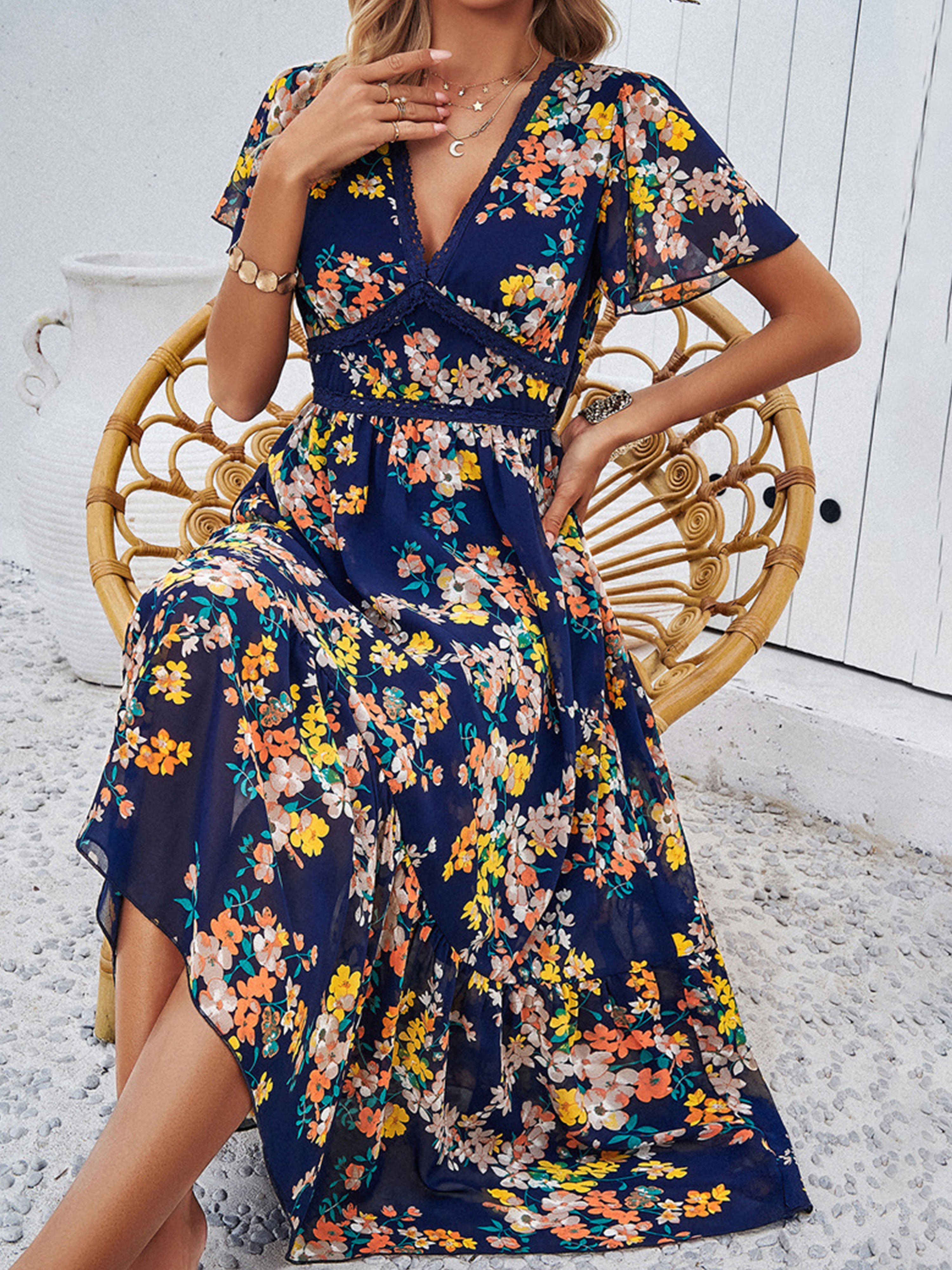 Robe Invitée de Mariage bohème à fleurs Robe BLEU MARINE Longue Col V Manches Courtes