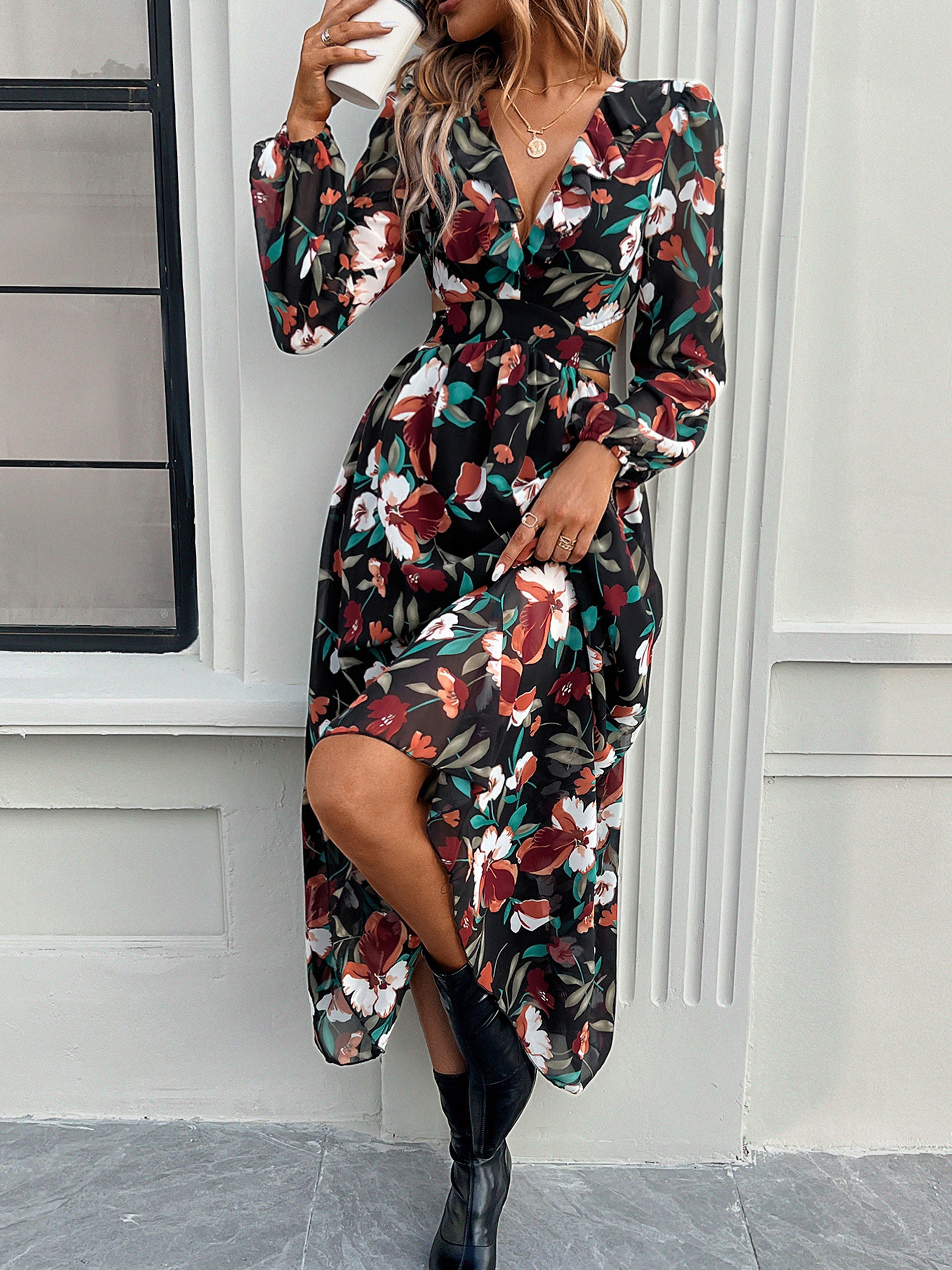 Robe Invitée de Mariage Noir Florale Robe bohème Col V Manches longues