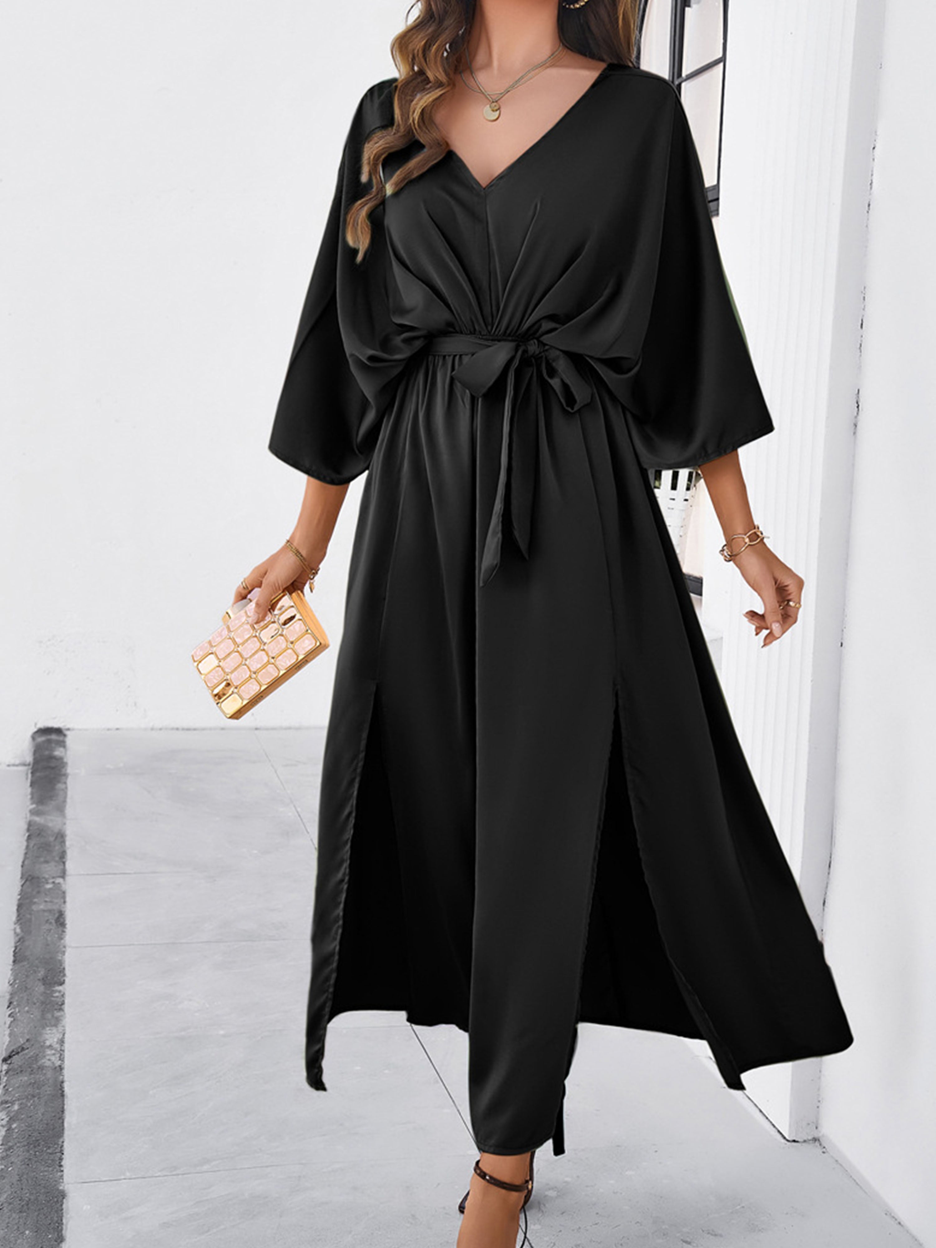 Elégante Robe Invitée de Mariage Noir Col V 3/4 Manches avec Ceinture