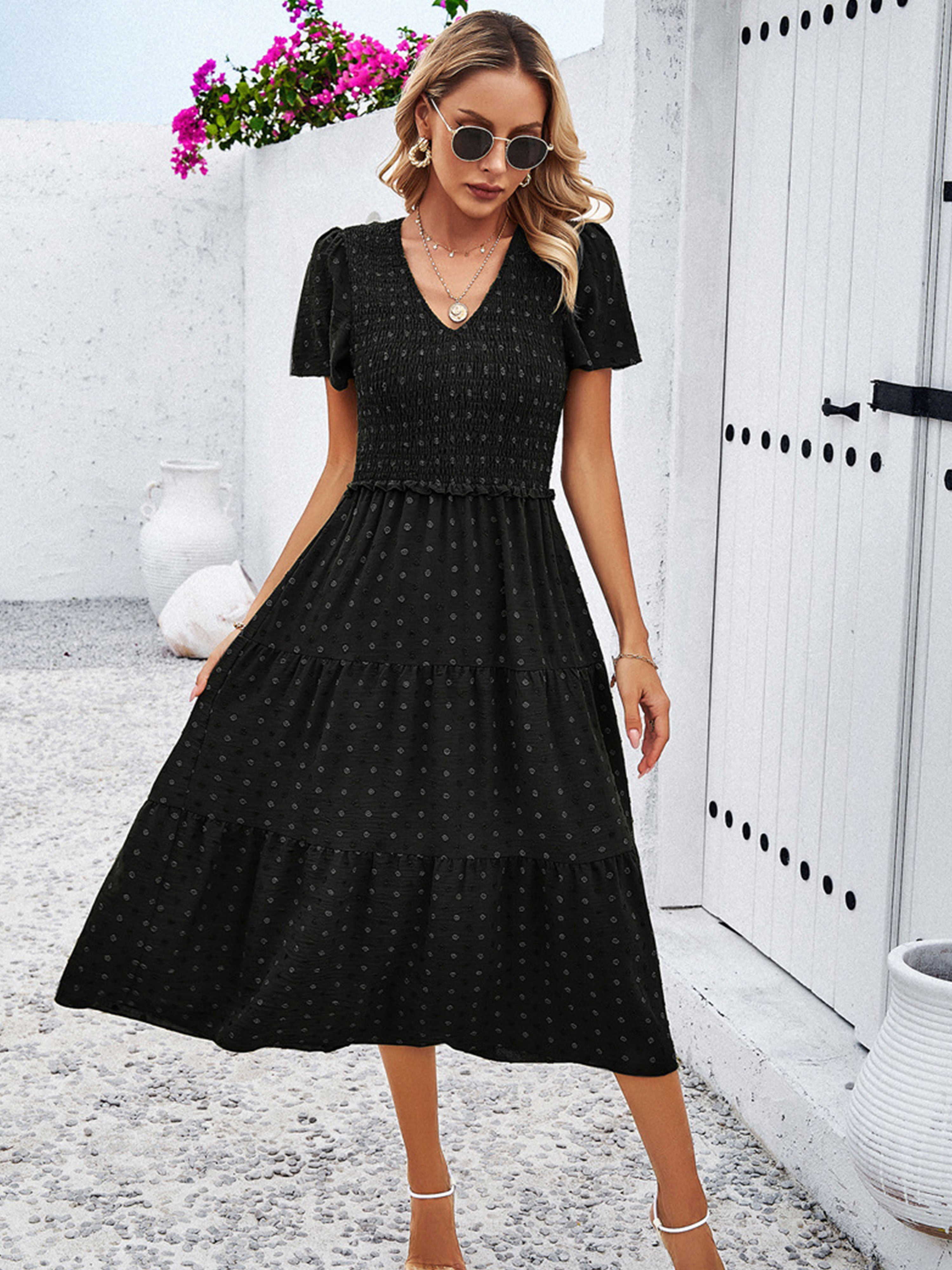 Robe Invitée de Mariage Noir Robe à Pois Mi-longue Col V Manches Courtes