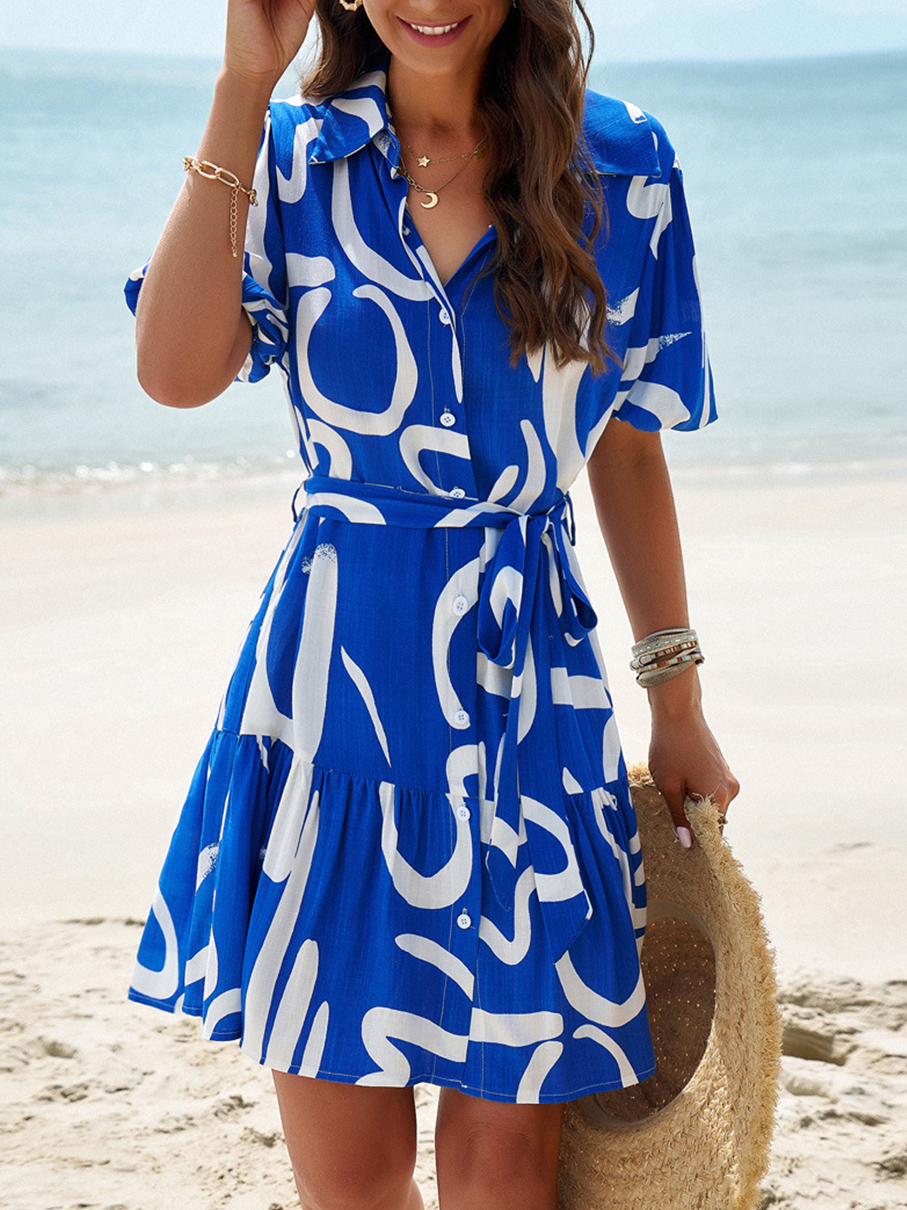 Robe en Bleu Trapèze Col Polo Manches Courtes Robe Invitée de Mariage