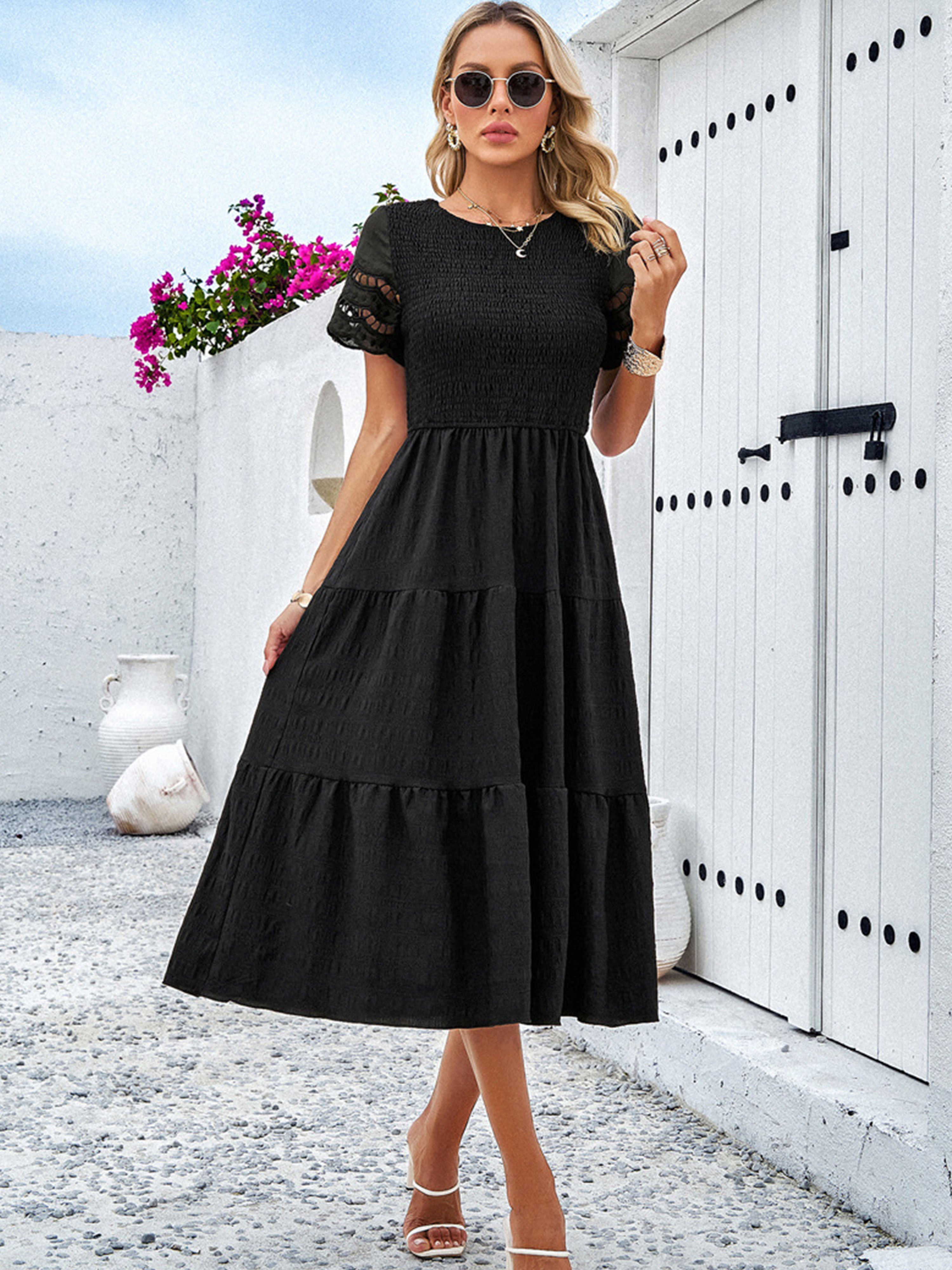 Robe en Noir Col Rond Manches Courtes Trapèze Robe Invitée de Mariage