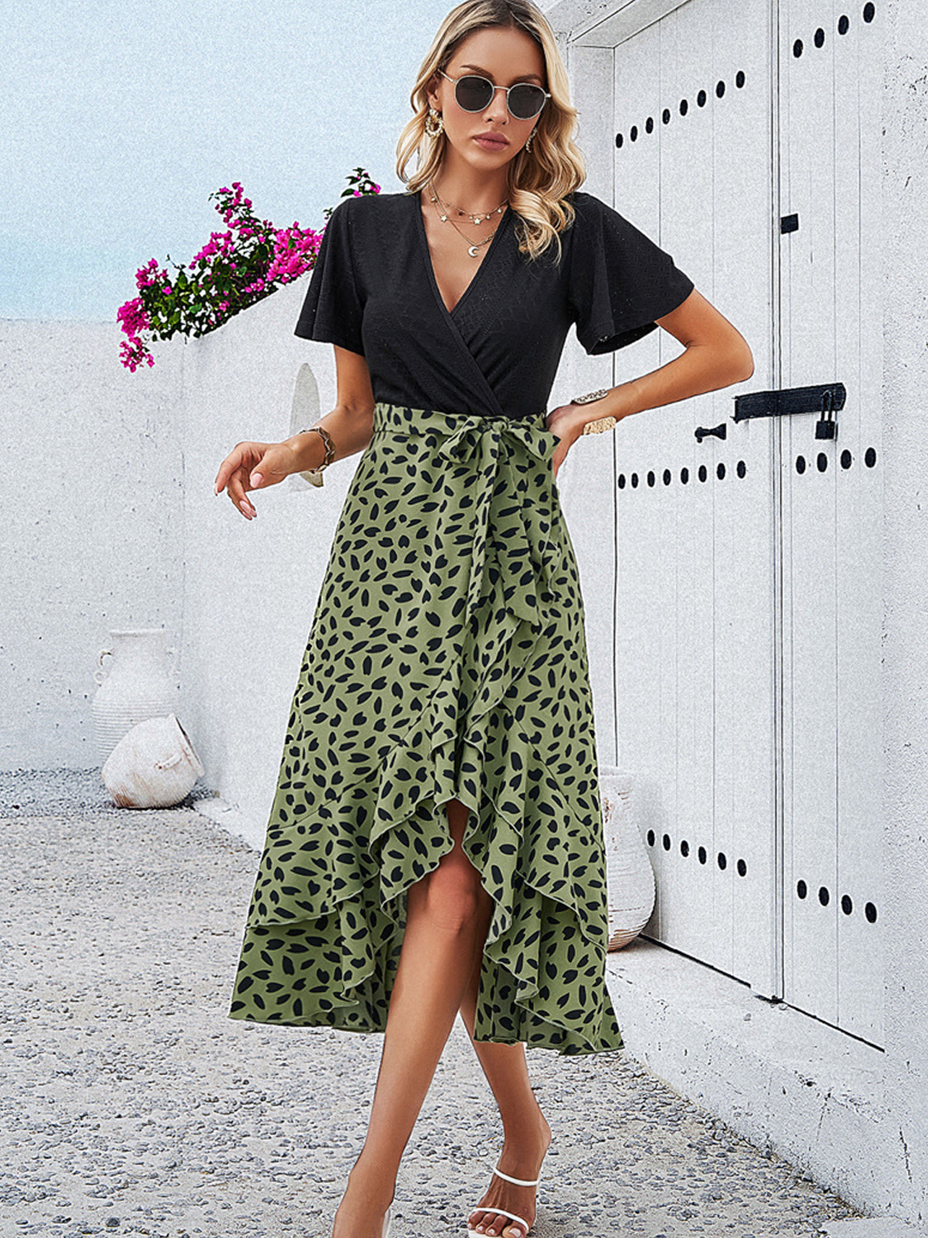 Elégante Robe Invitée de Mariage VERT OLIVE à Pois Robe Mi-longue Col V Manches Courtes