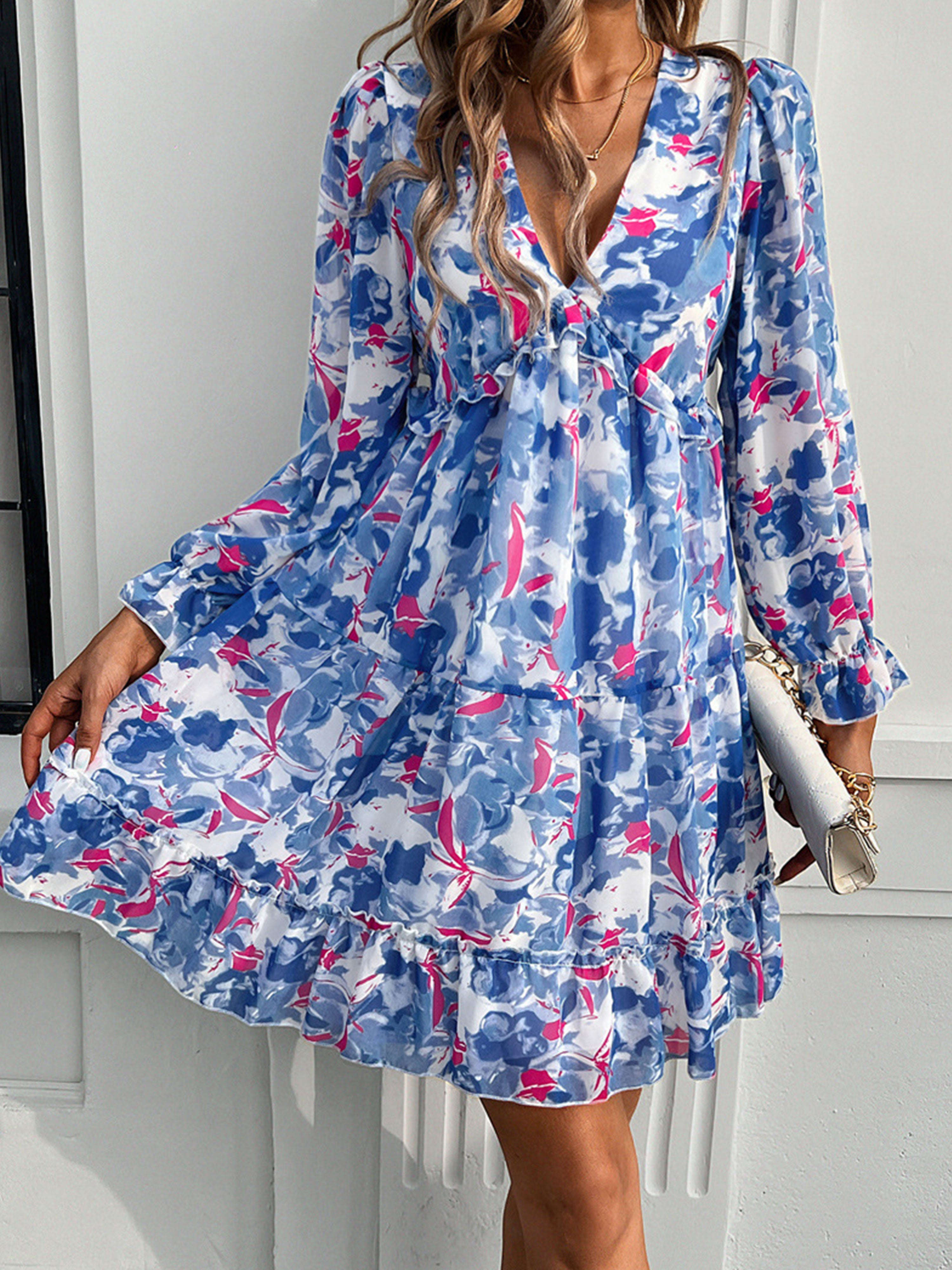 Robe en Bleu Col V Manches Longues Trapèze Robe Invitée de Mariage