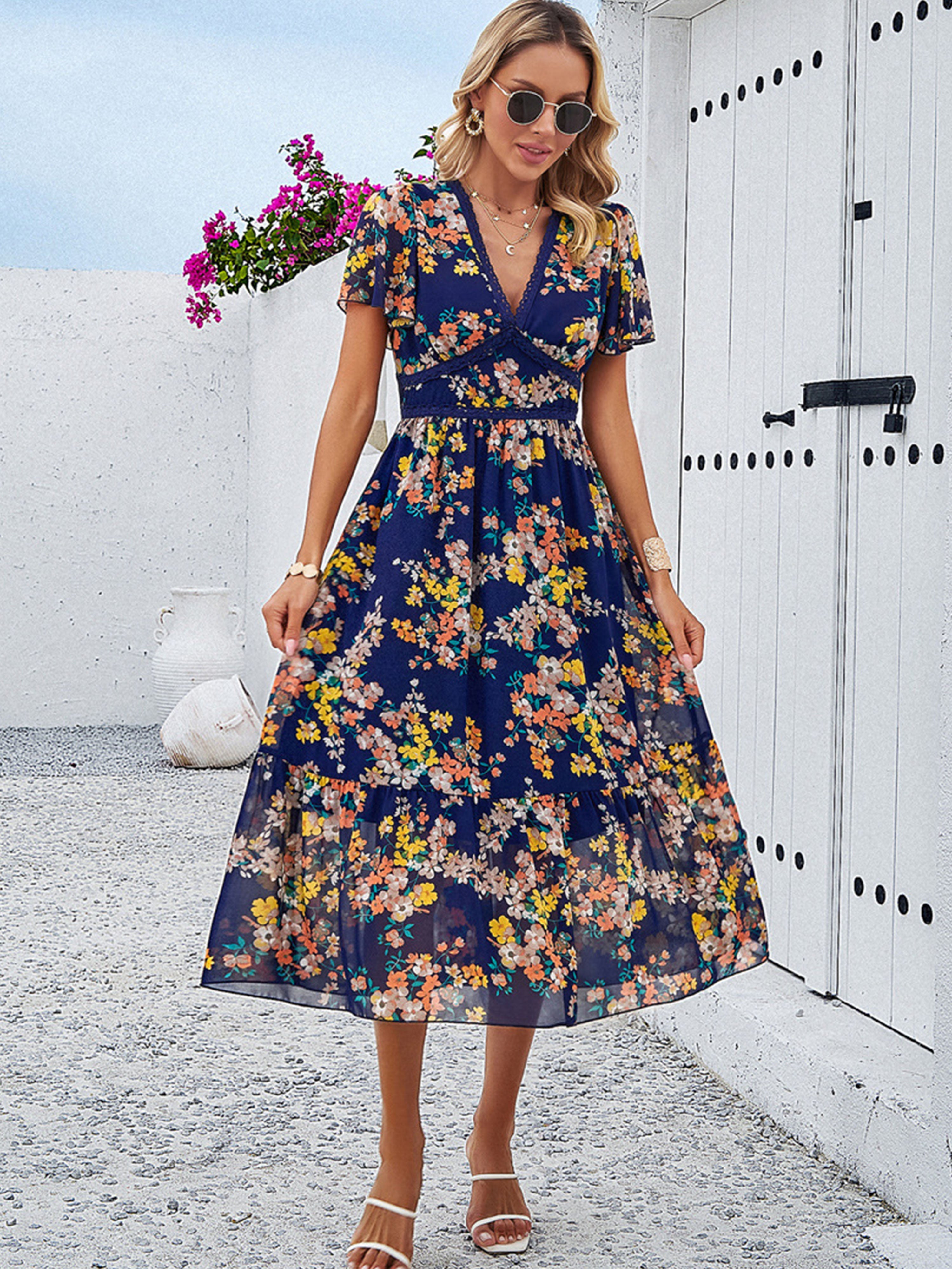 Robe Invitée de Mariage bohème à fleurs Robe BLEU MARINE Longue Col V Manches Courtes