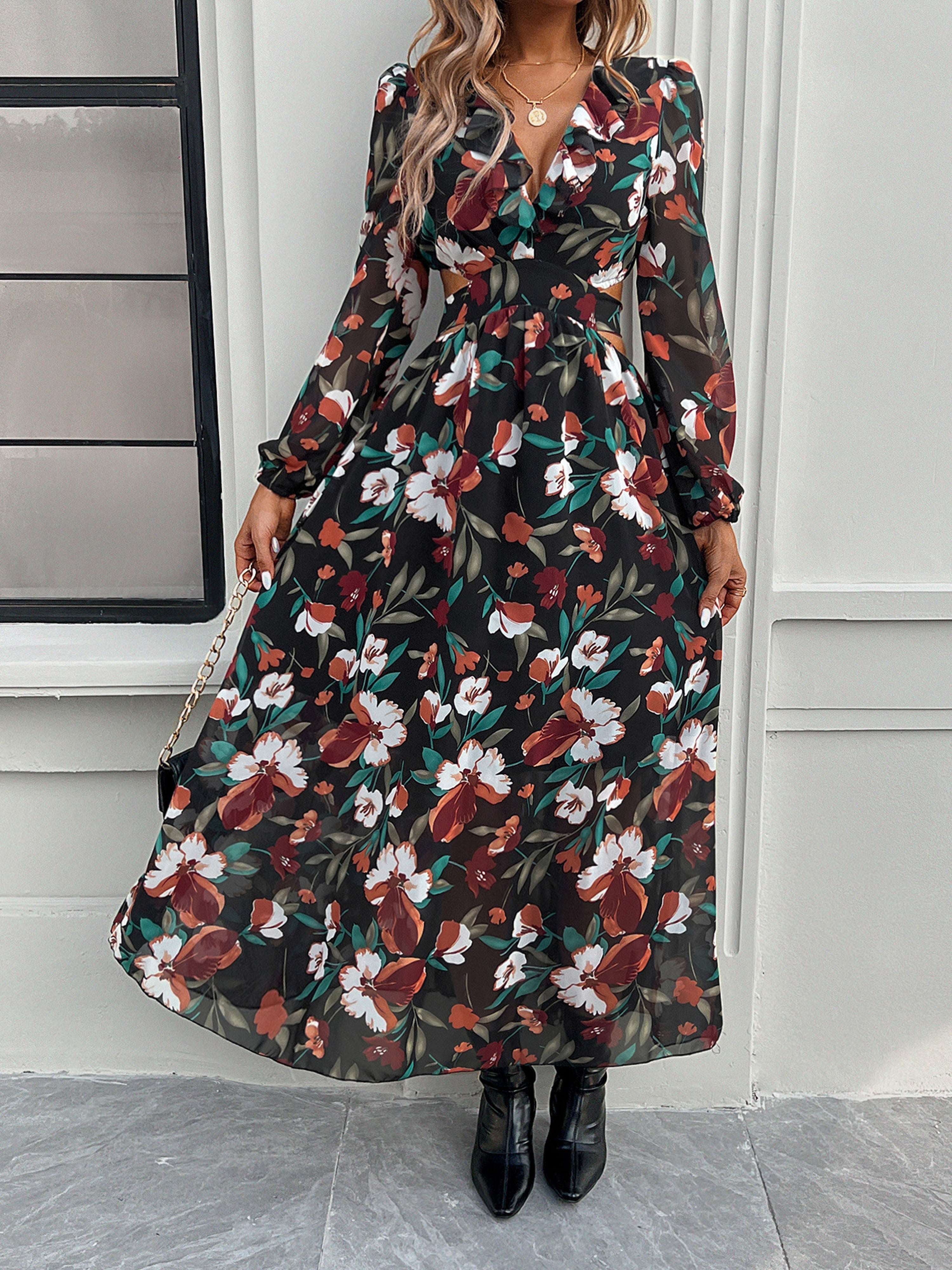 Robe Invitée de Mariage Noir Florale Robe bohème Col V Manches longues