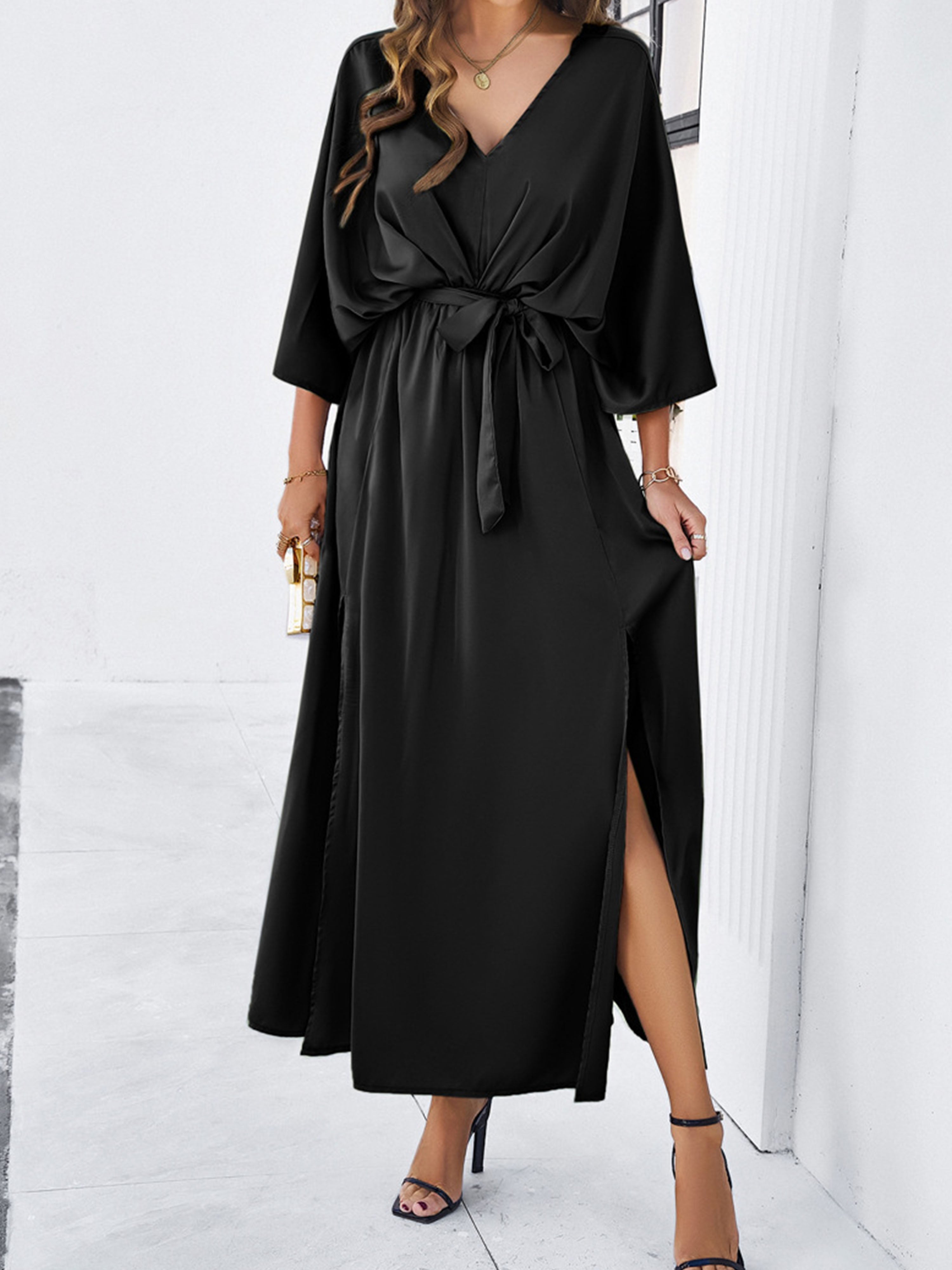 Elégante Robe Invitée de Mariage Noir Col V 3/4 Manches avec Ceinture