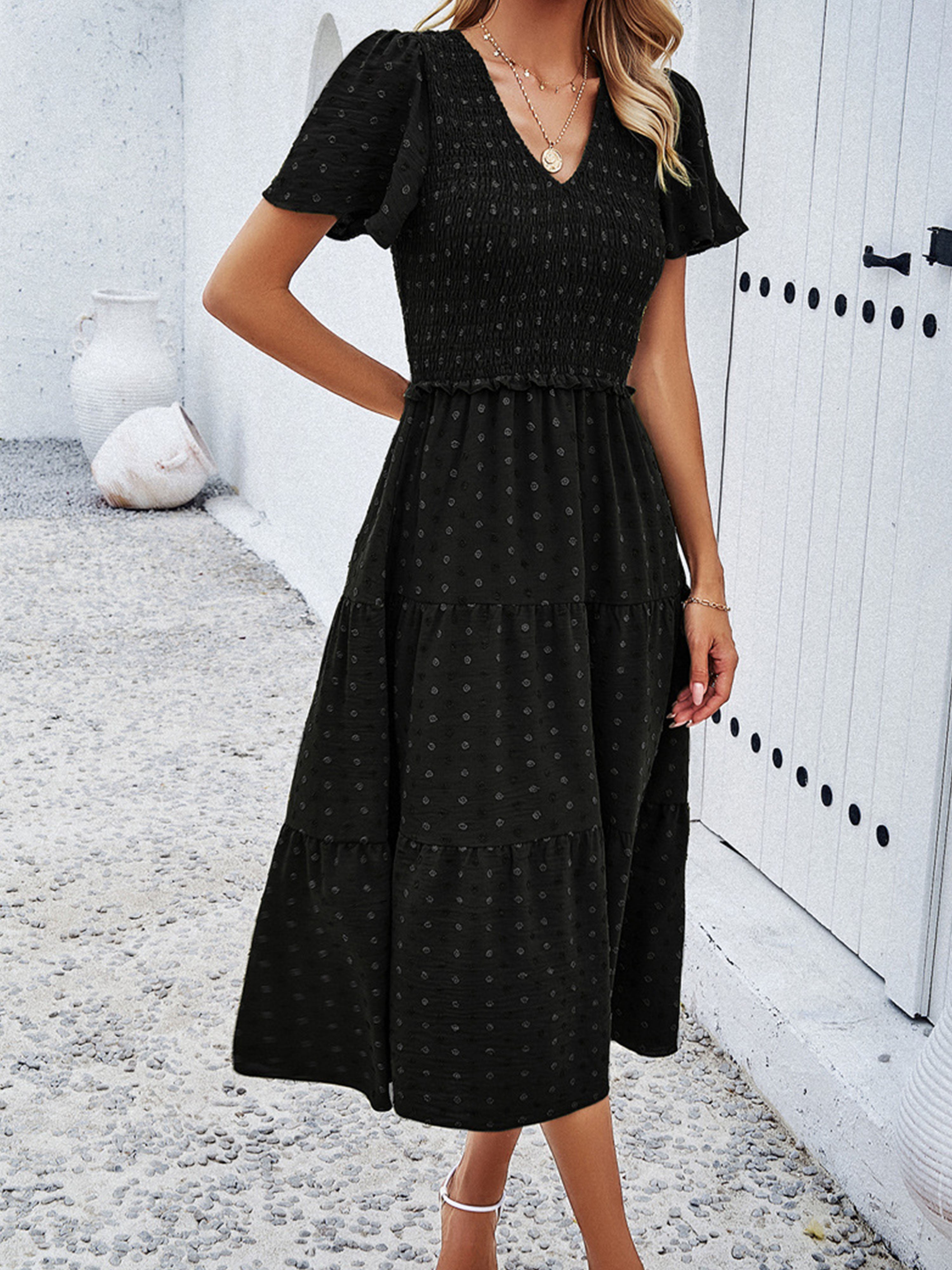 Robe Invitée de Mariage Noir Robe à Pois Mi-longue Col V Manches Courtes