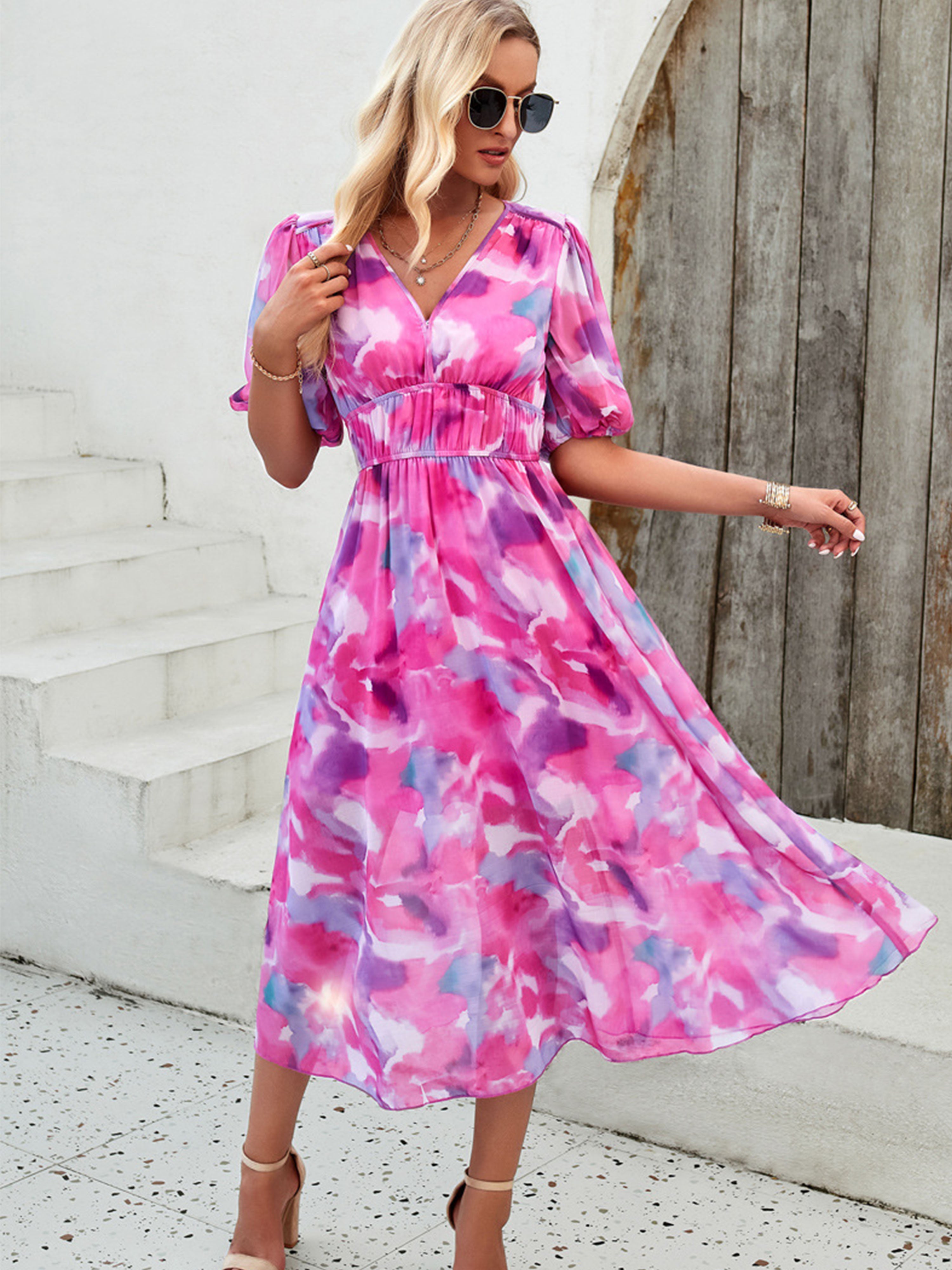 Robe en Azalée Trapèze Col V Manches Mi-Longue Robe Invitée de Mariage