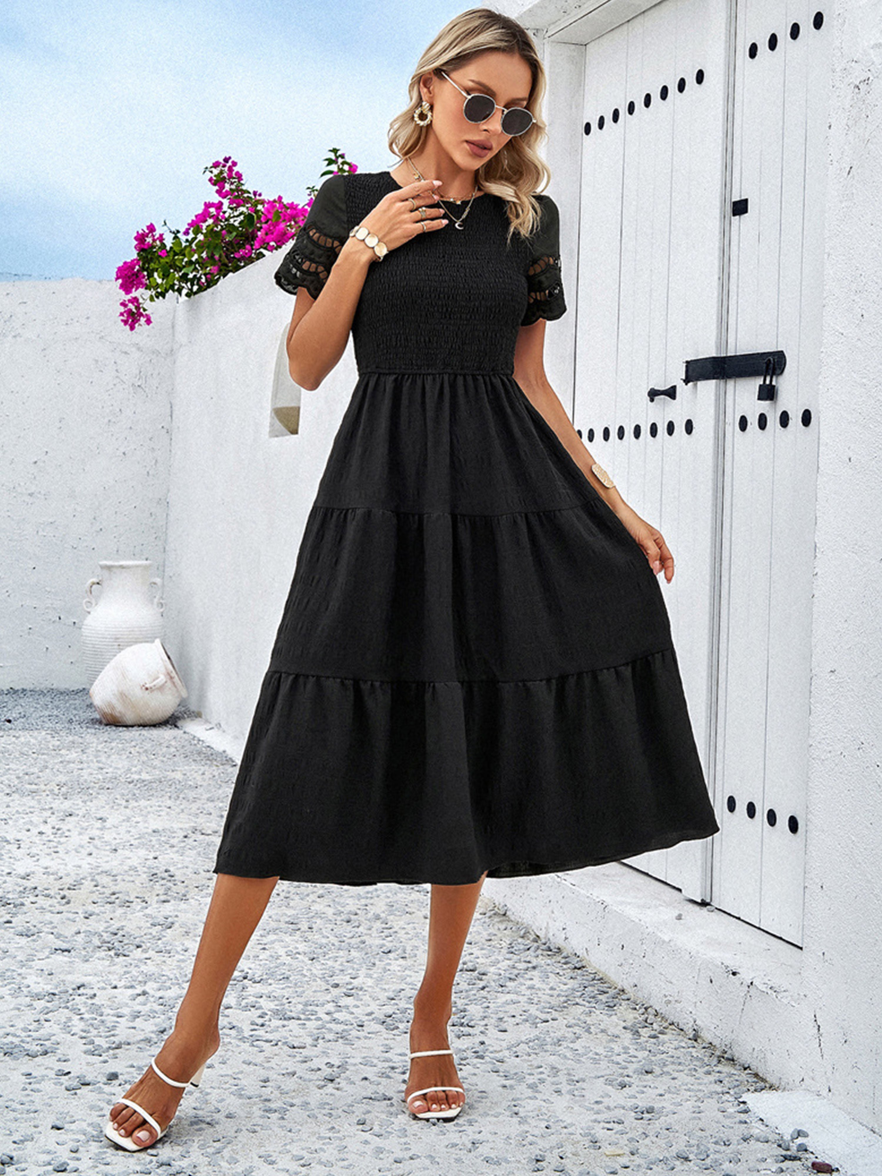 Robe en Noir Col Rond Manches Courtes Trapèze Robe Invitée de Mariage