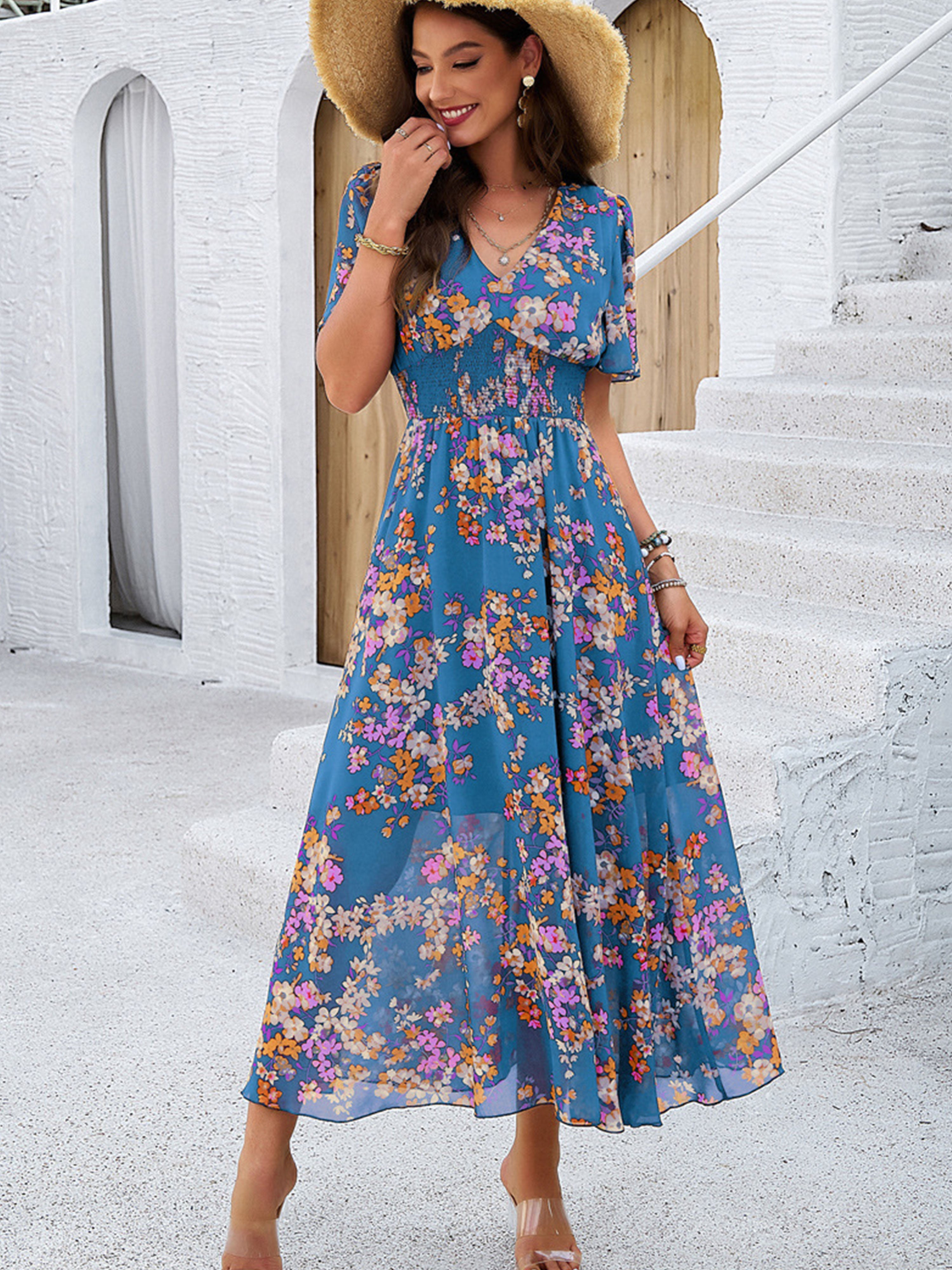 Robe en Bleu Trapèze Col V Manches Mi-Longue Robe Invitée de Mariage