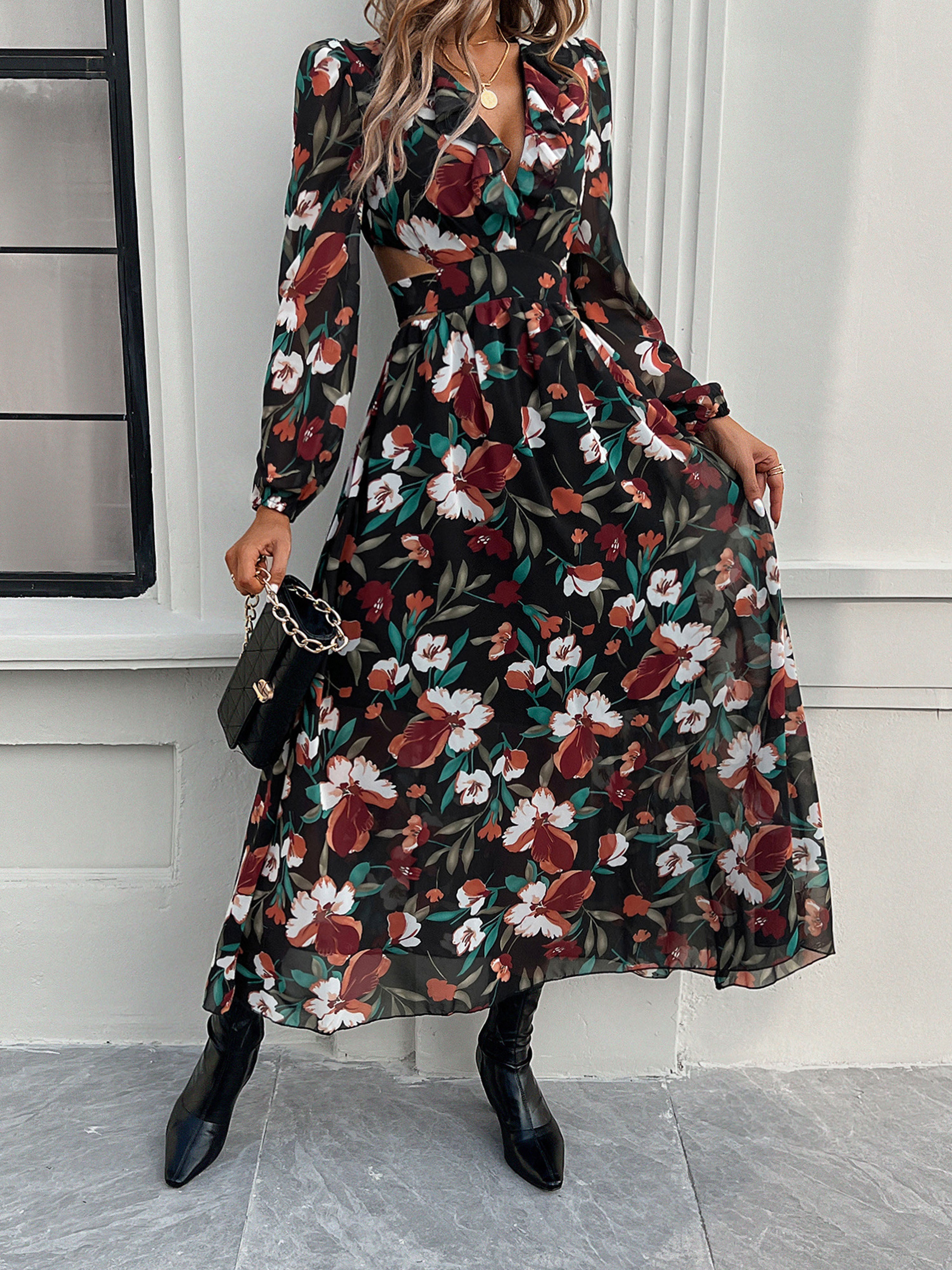 Robe Invitée de Mariage Noir Florale Robe bohème Col V Manches longues