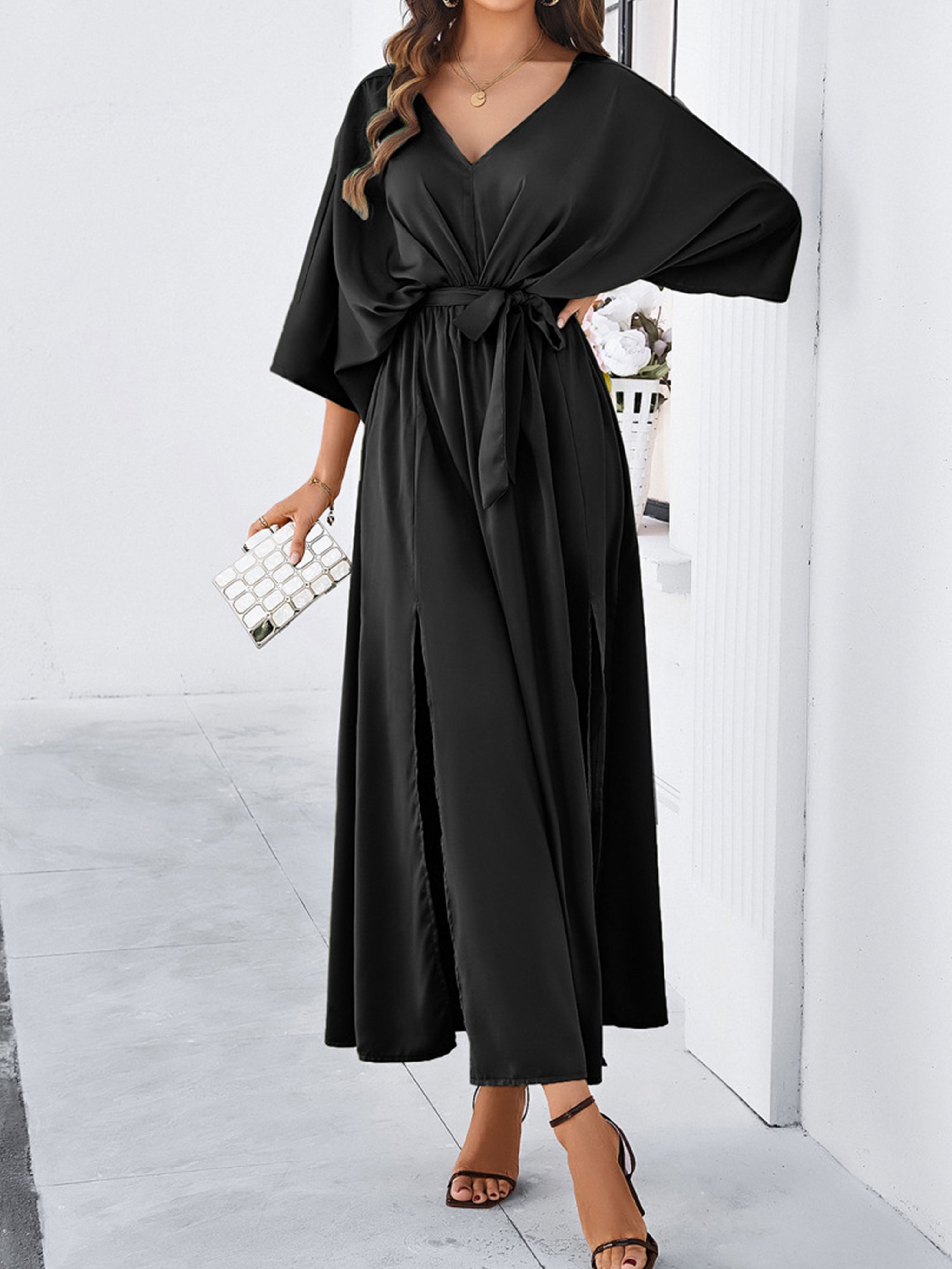 Elégante Robe Invitée de Mariage Noir Col V 3/4 Manches avec Ceinture