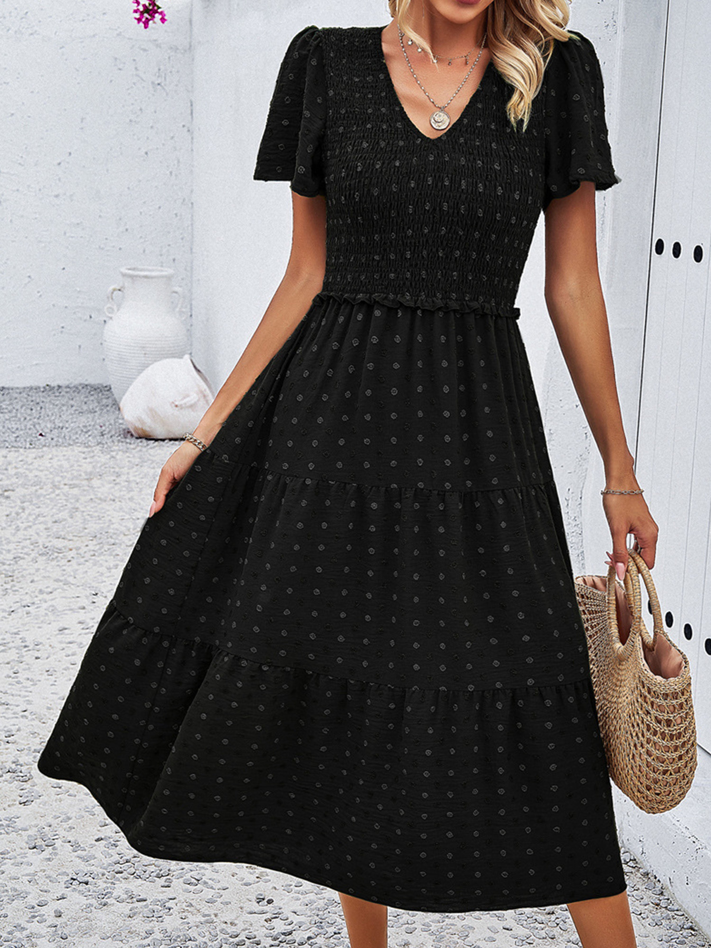 Robe Invitée de Mariage Noir Robe à Pois Mi-longue Col V Manches Courtes