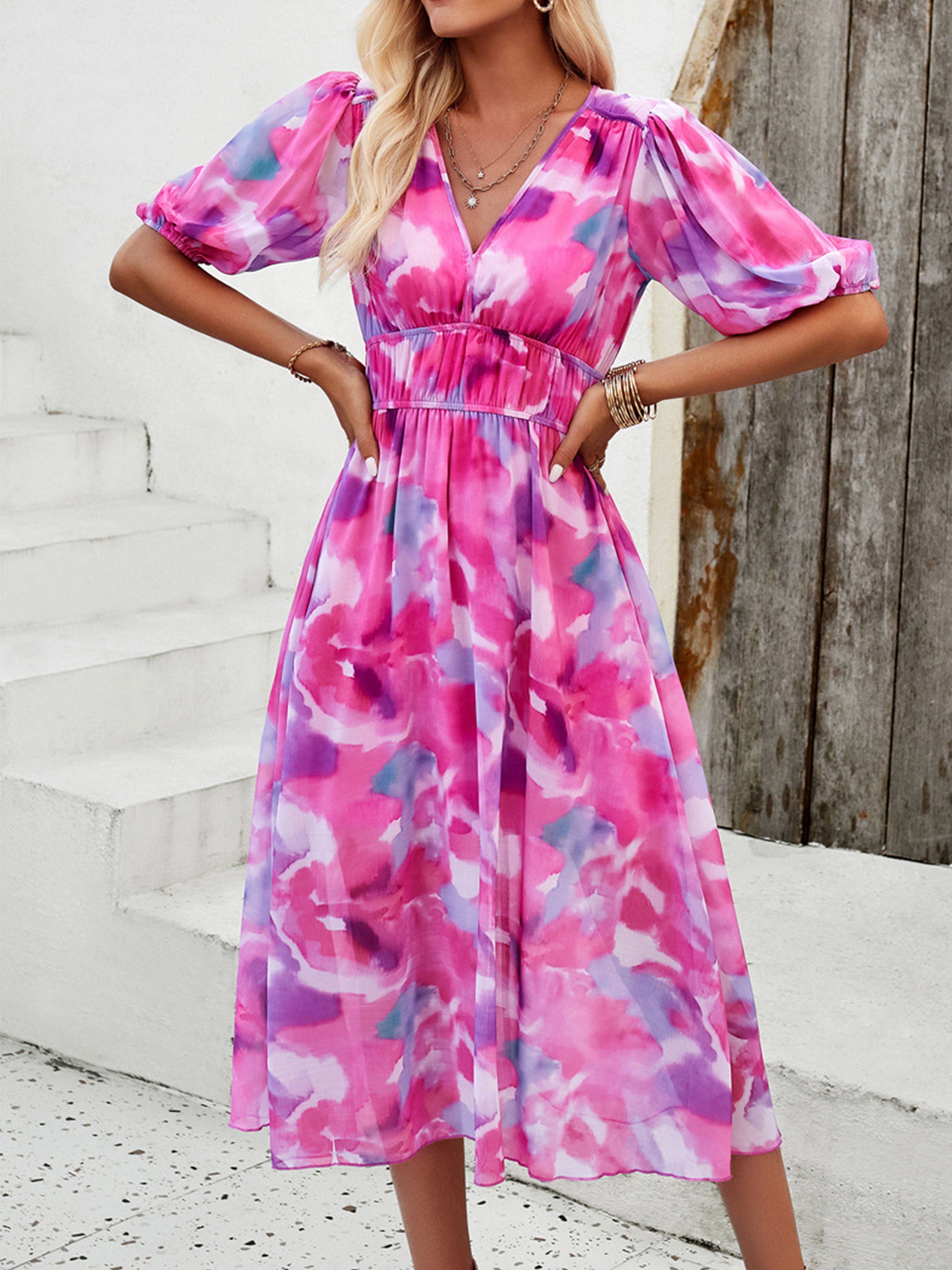 Robe en Azalée Trapèze Col V Manches Mi-Longue Robe Invitée de Mariage