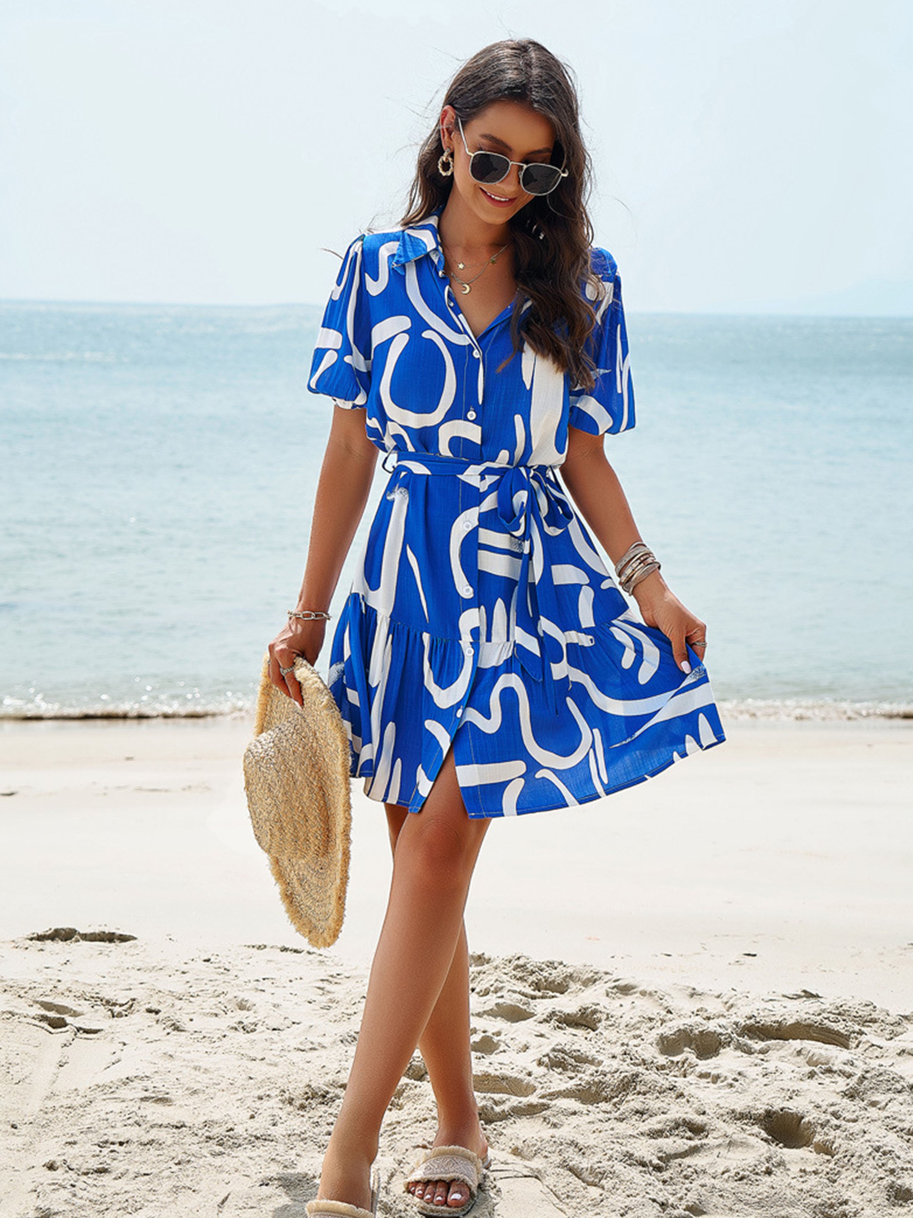 Robe en Bleu Trapèze Col Polo Manches Courtes Robe Invitée de Mariage