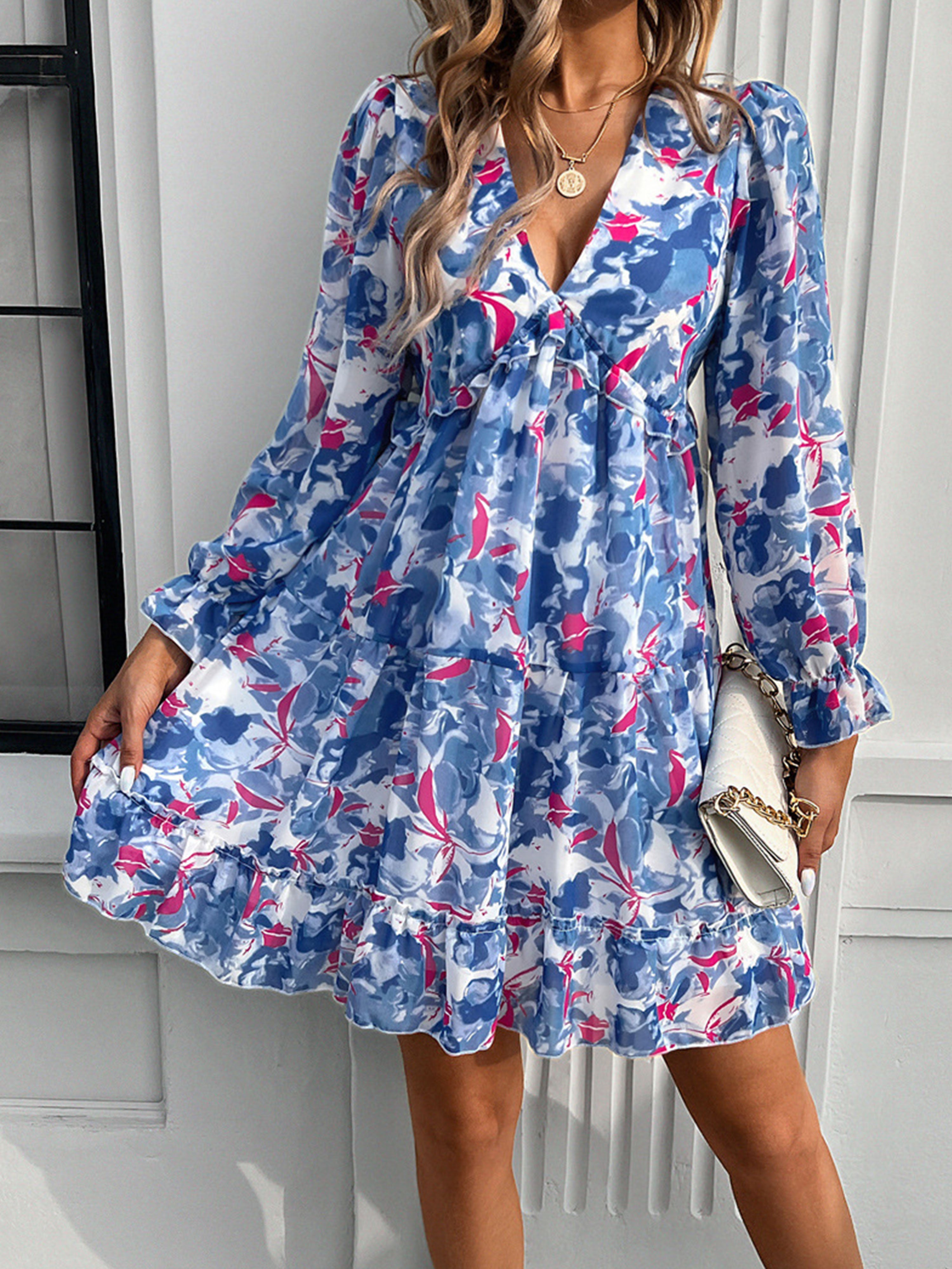 Robe en Bleu Col V Manches Longues Trapèze Robe Invitée de Mariage