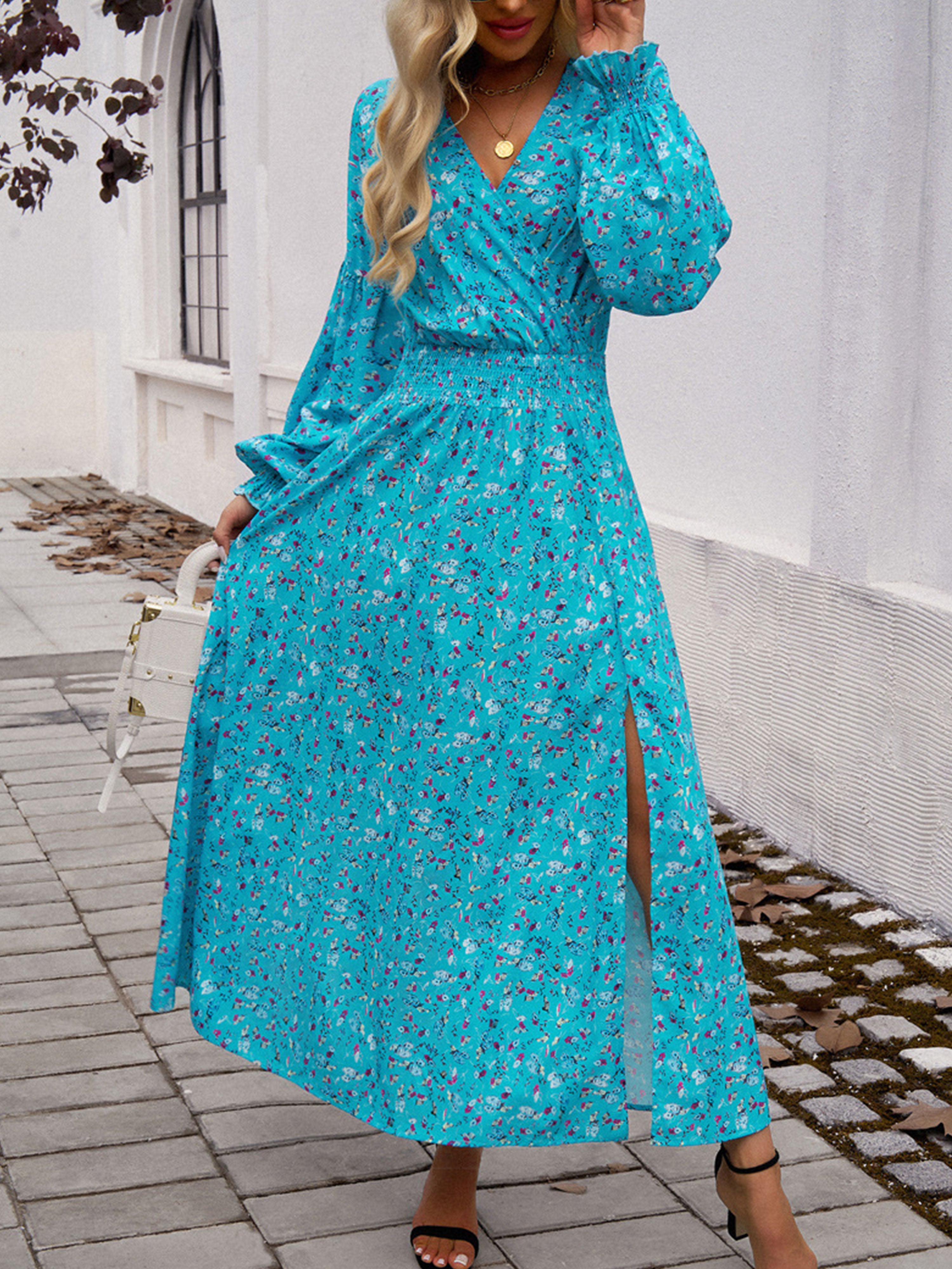 Robe Invitée Mariage Jade Encolure en V à Manches Longues avec Fente et Taille Empire