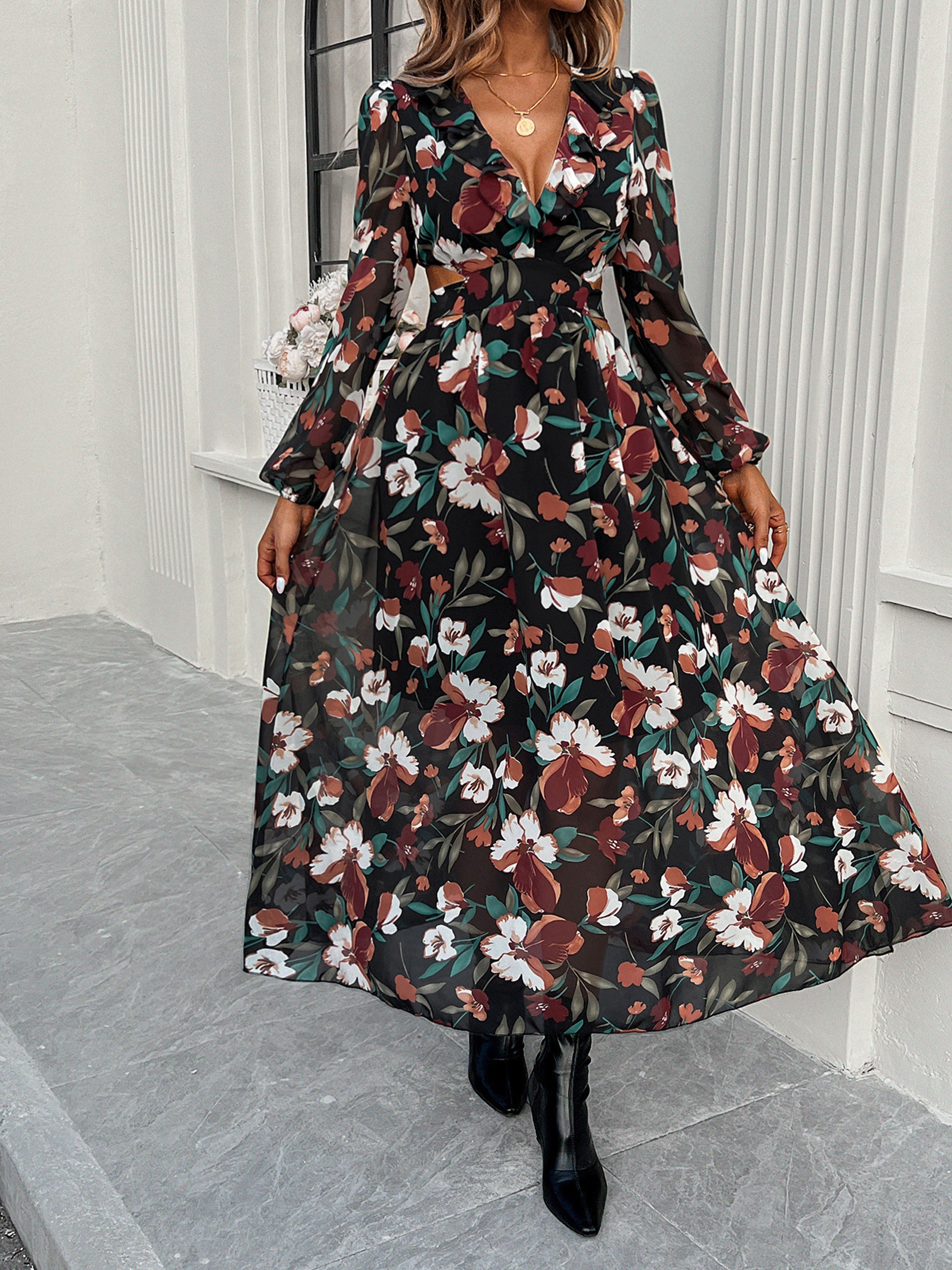 Robe Invitée de Mariage Noir Florale Robe bohème Col V Manches longues