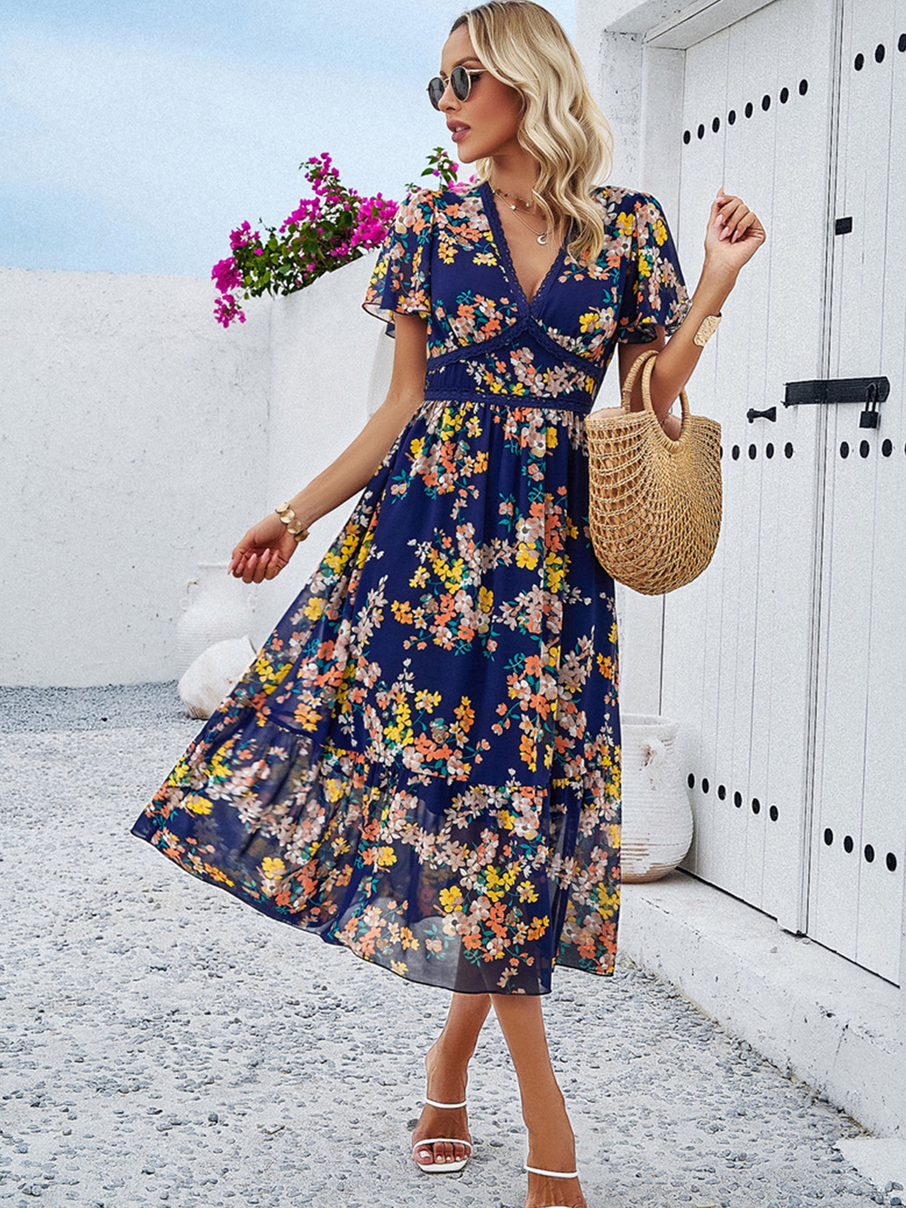 Robe Invitée de Mariage bohème à fleurs Robe BLEU MARINE Longue Col V Manches Courtes