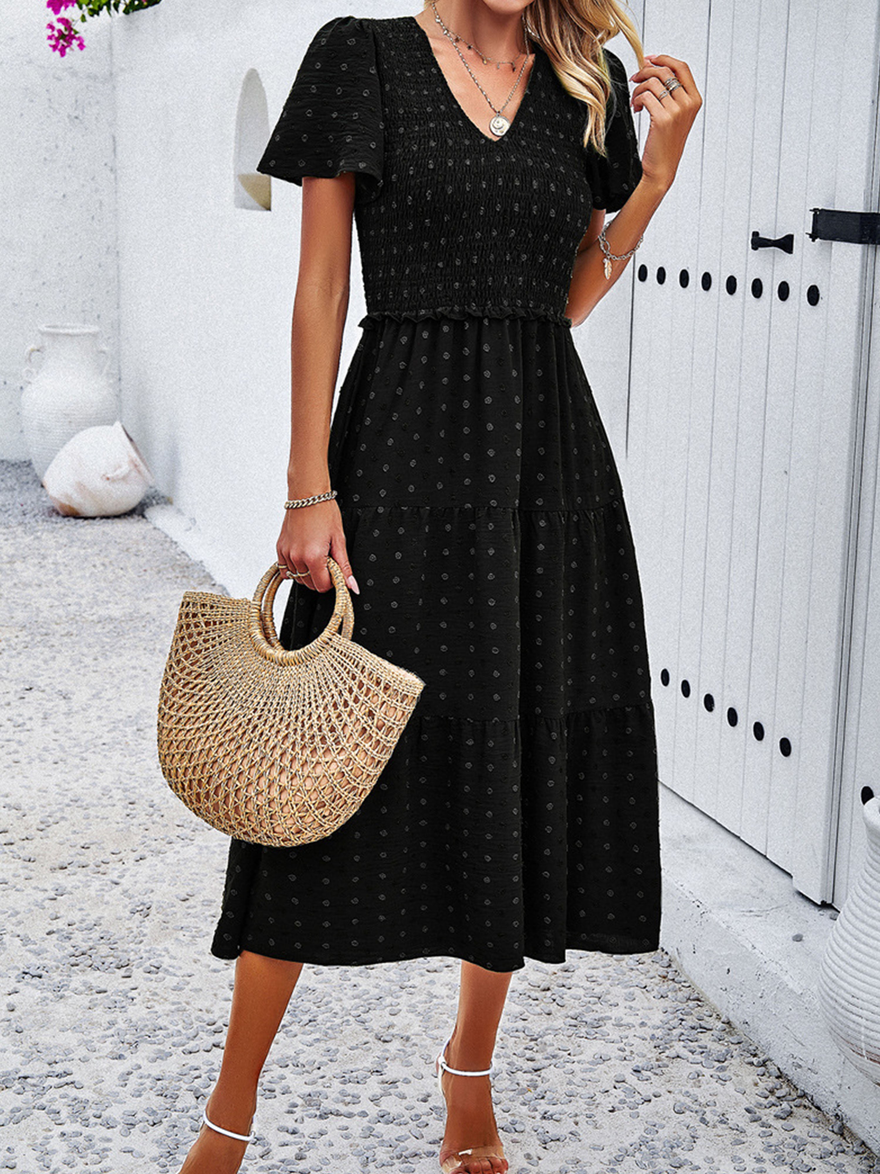 Robe Invitée de Mariage Noir Robe à Pois Mi-longue Col V Manches Courtes