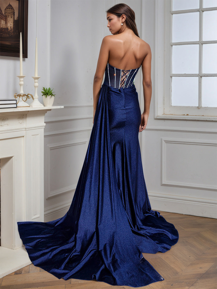 Cicinia Bleu Marine Robe de Soirée Longue Perlé sans Bretelles Fente Traîne Balayée