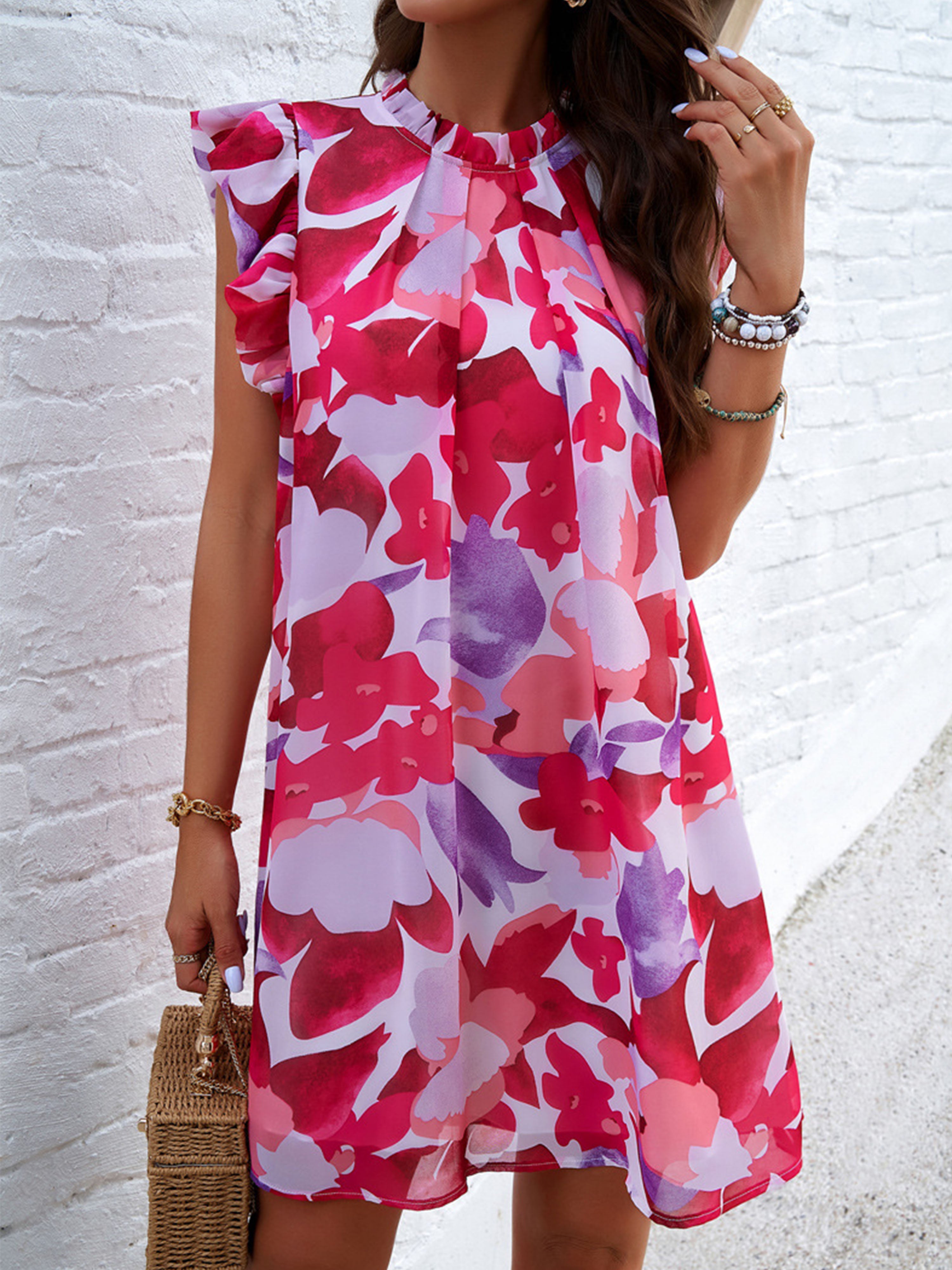 Robe en Rouge Col Roulé Mi-Haut Sans Manches Trapèze Robe Invitée de Mariage