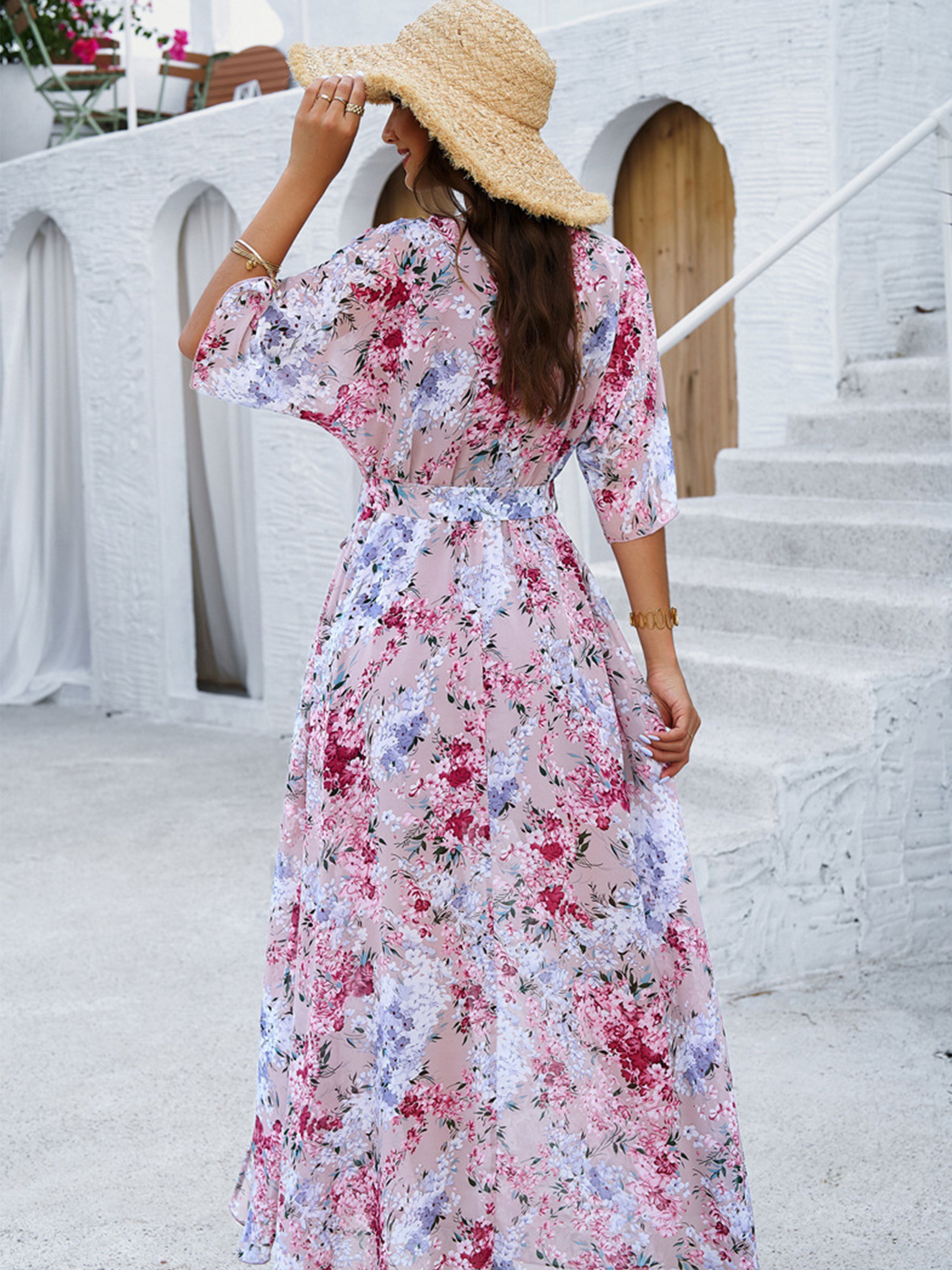 Robe Florale en Rose Trapèze Col V Manches Mi-Longue Robe Invitée de Mariage