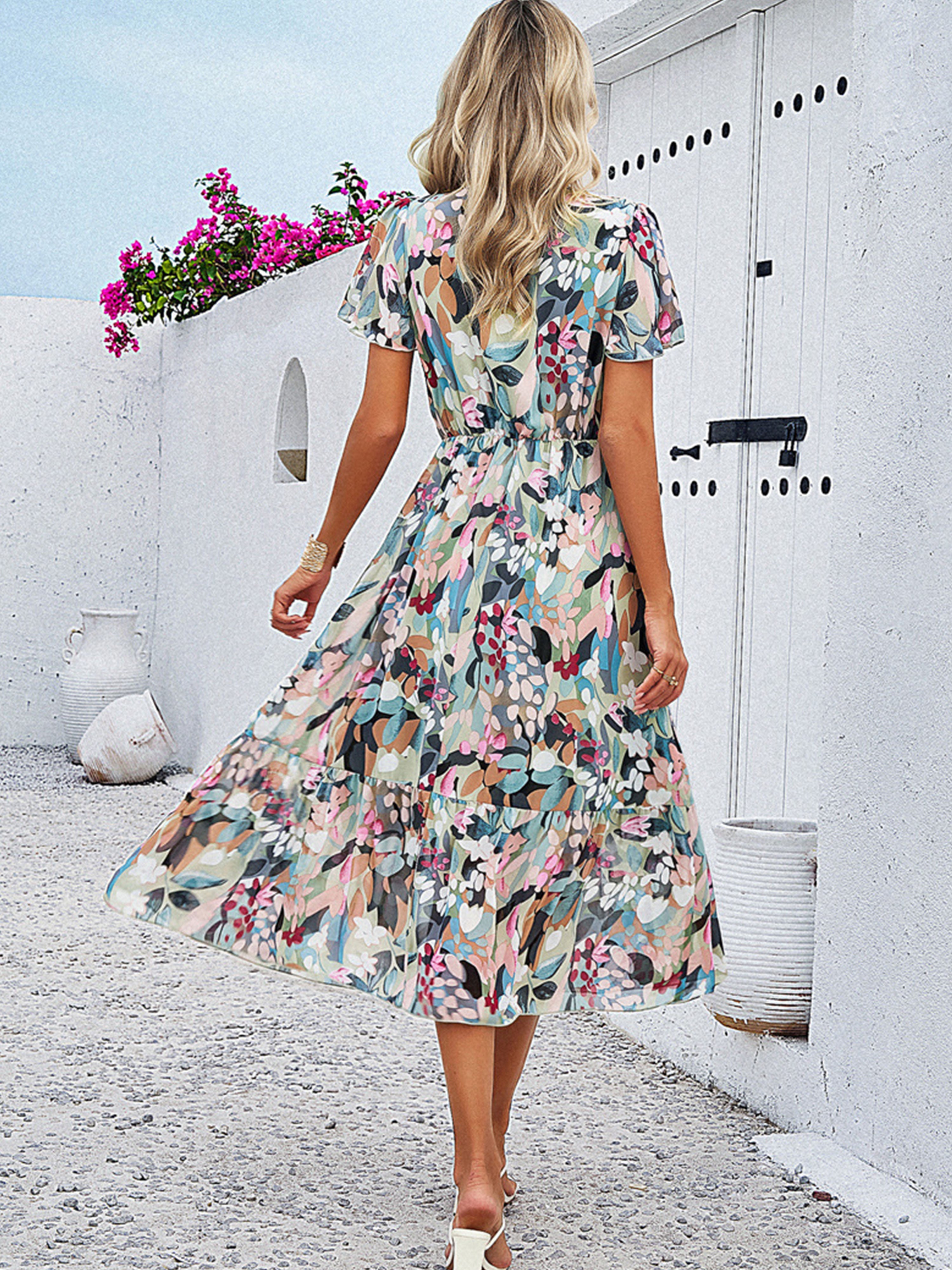 Robe Invitée de Mariage bohème à fleurs Robe VERT MENTHE Longue Col V Manches Courtes