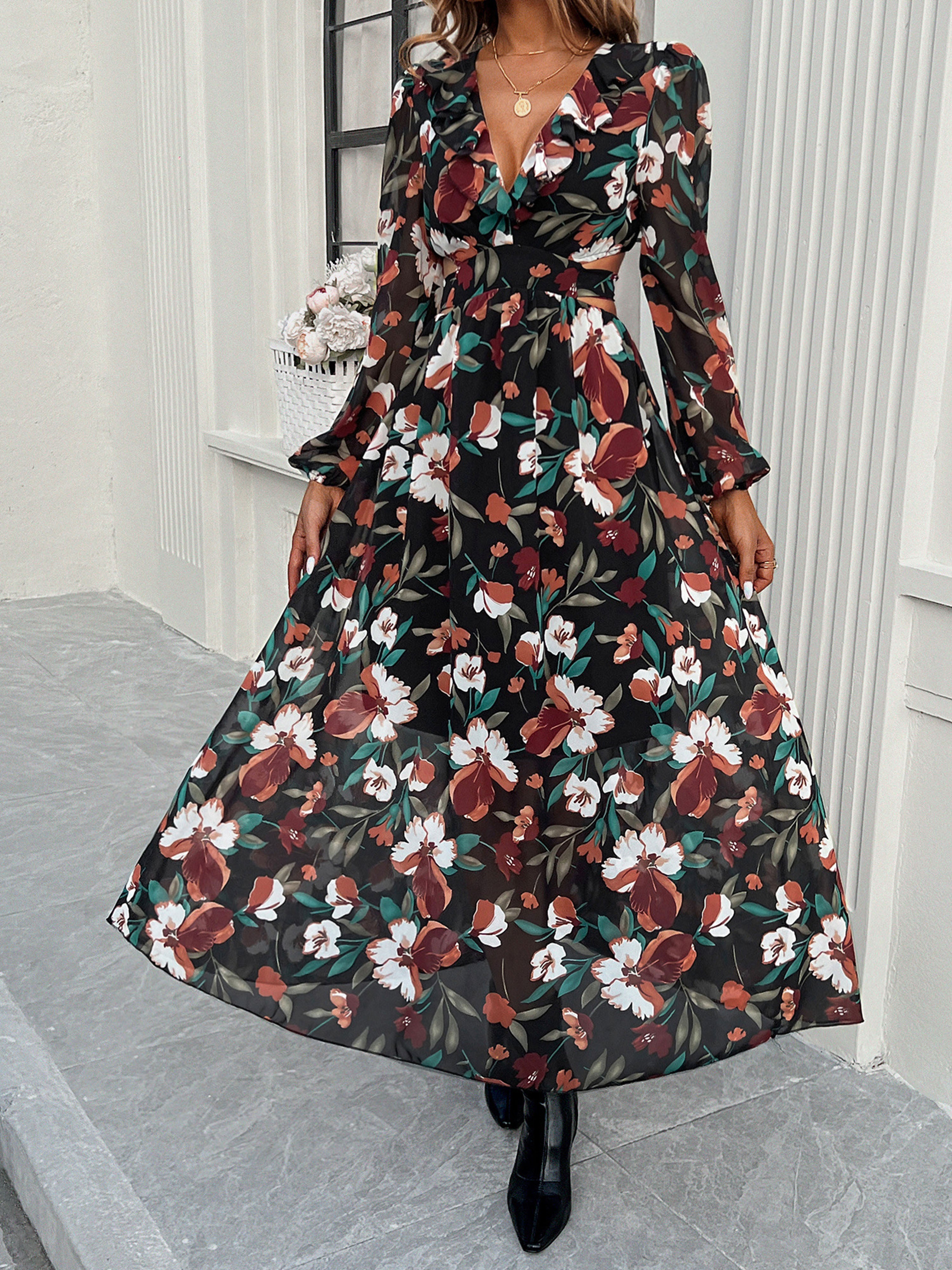Robe Invitée de Mariage Noir Florale Robe bohème Col V Manches longues