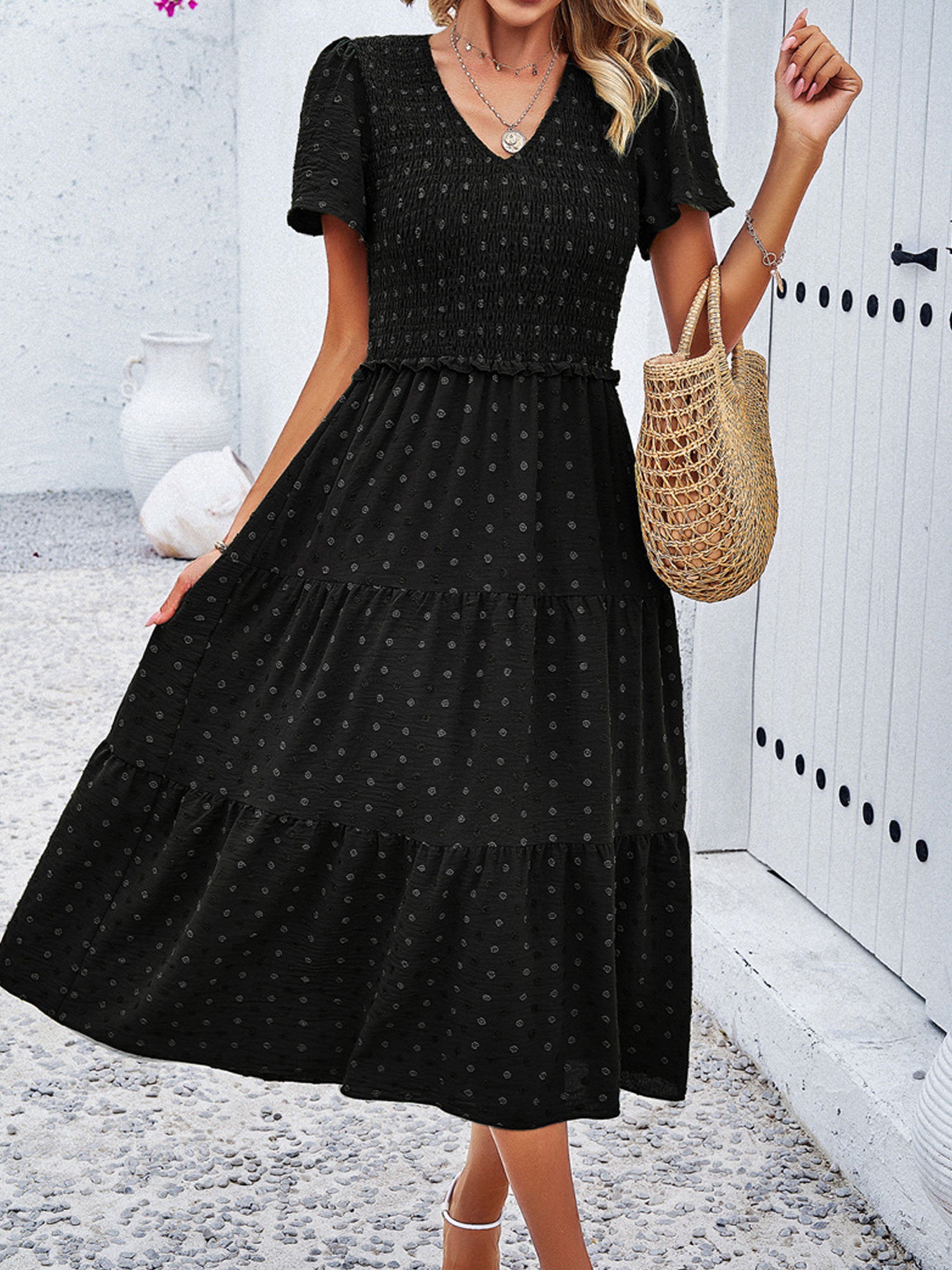 Robe Invitée de Mariage Noir Robe à Pois Mi-longue Col V Manches Courtes