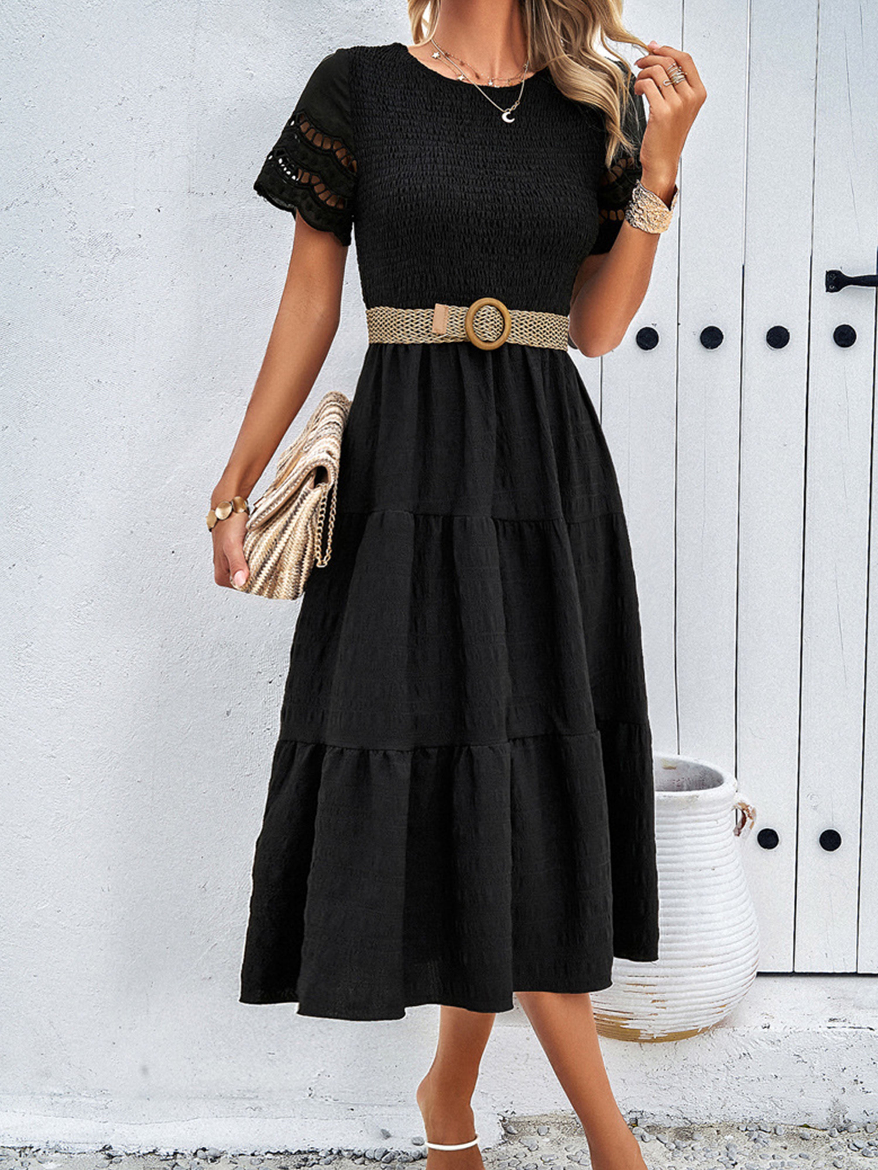 Robe en Noir Col Rond Manches Courtes Trapèze Robe Invitée de Mariage