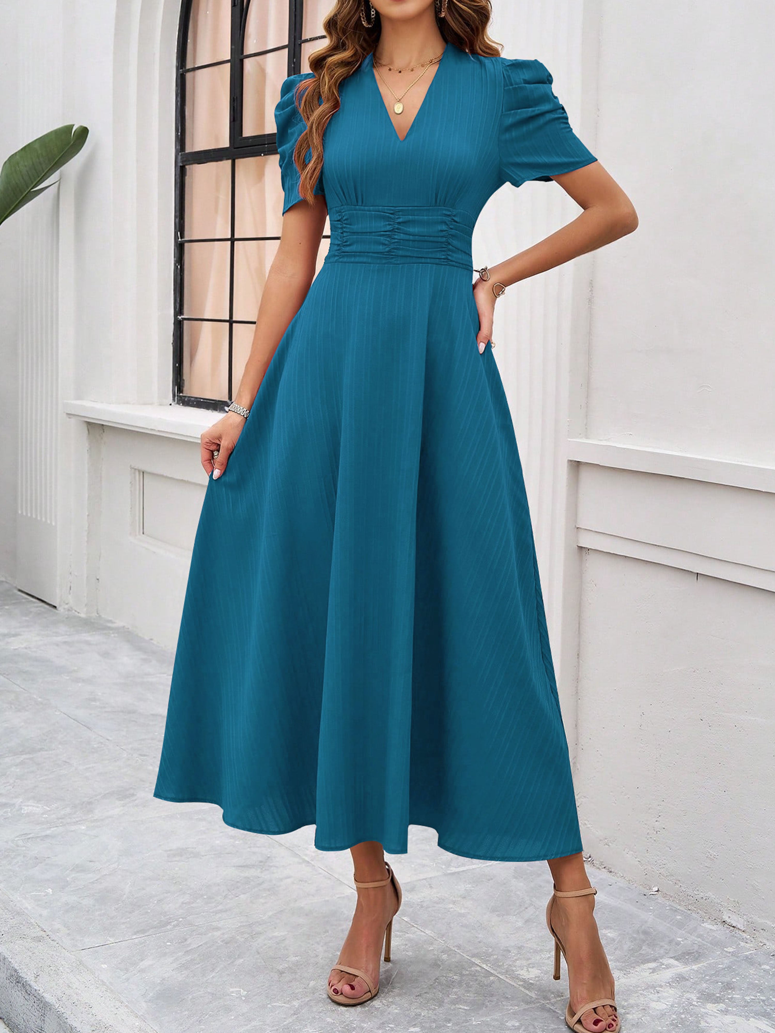 Robe Invitée Mariage BLEU_ENCRE Élégante Coupe A à Manches et Taille Empire