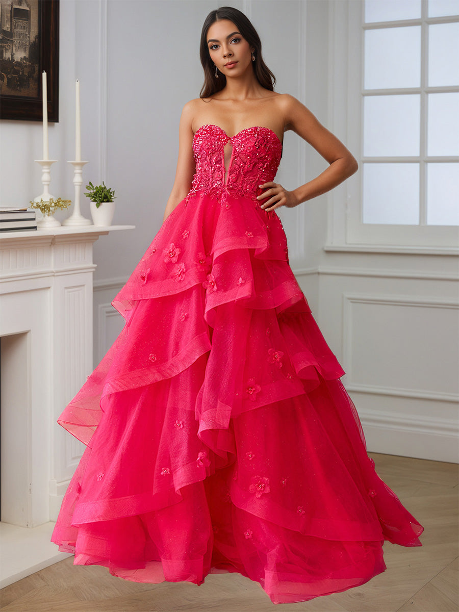 Cicinia Robe de Soirée Fuchsia Princesse Trapèze Longue en Tulle sans Bretelles
