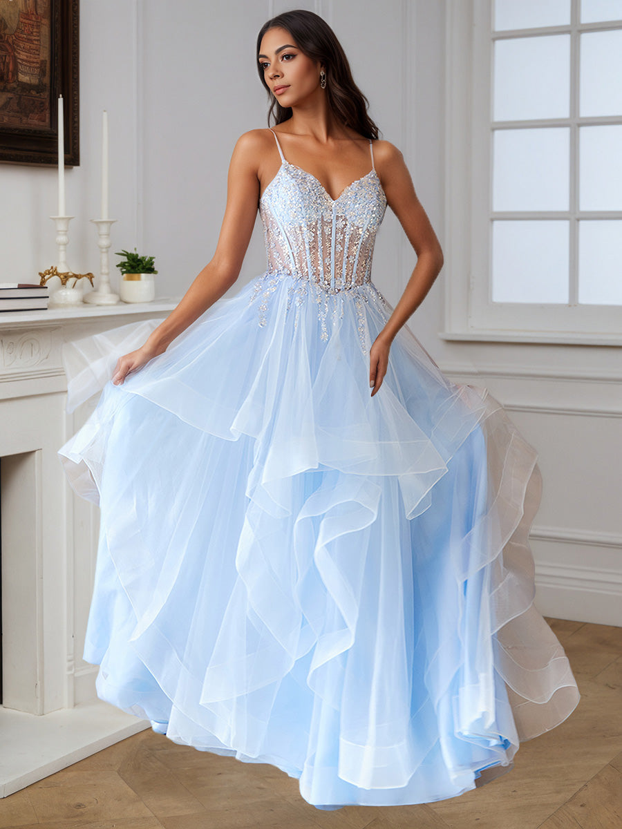 Cicinia Robe de Soirée Bleu Ciel Princesse Longue en Tulle A-Line Longueur Sol