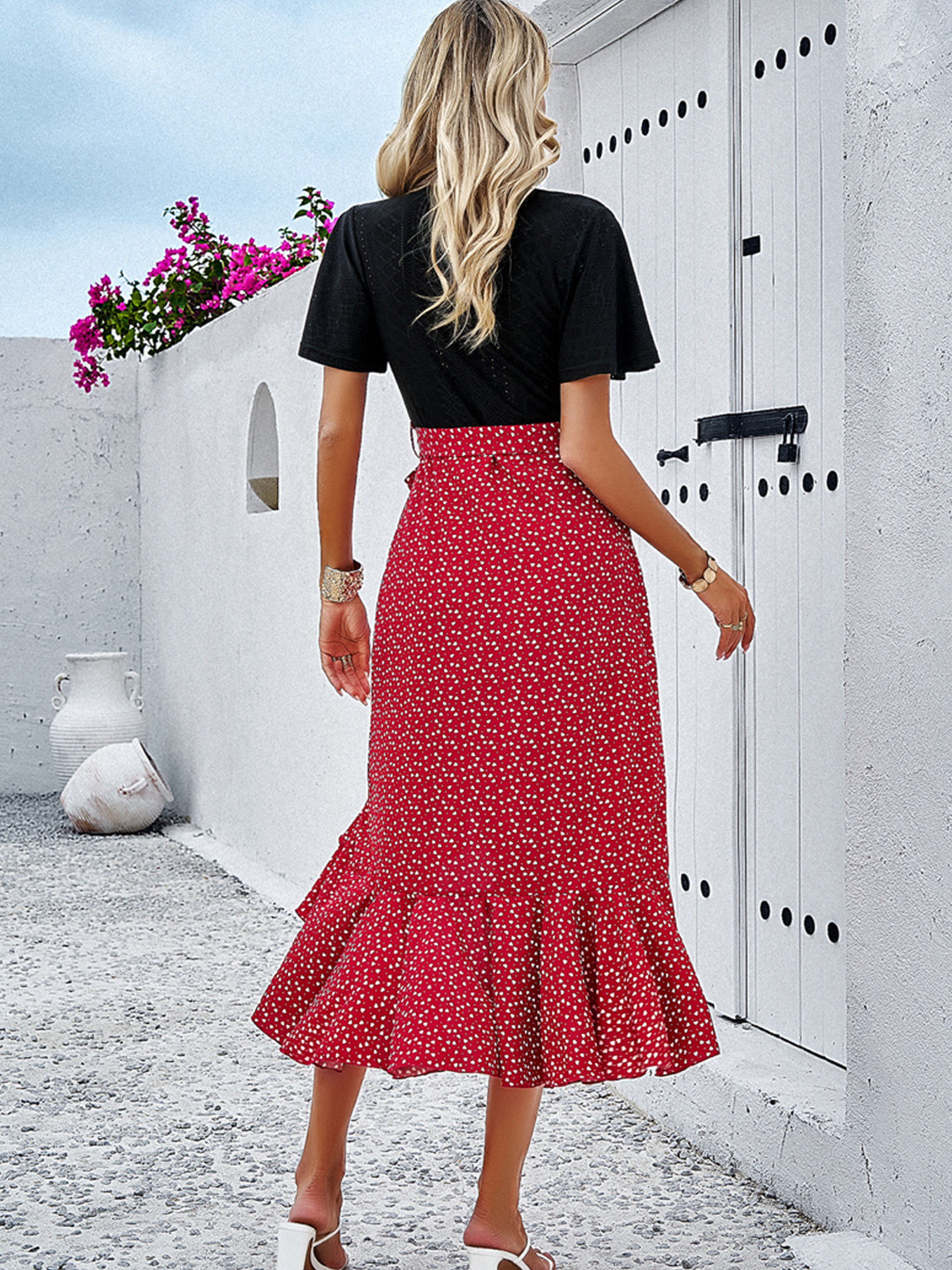 Elégante Robe Invitée de Mariage BORDEAUX à Pois Robe Mi-longue Col V Manches Courtes