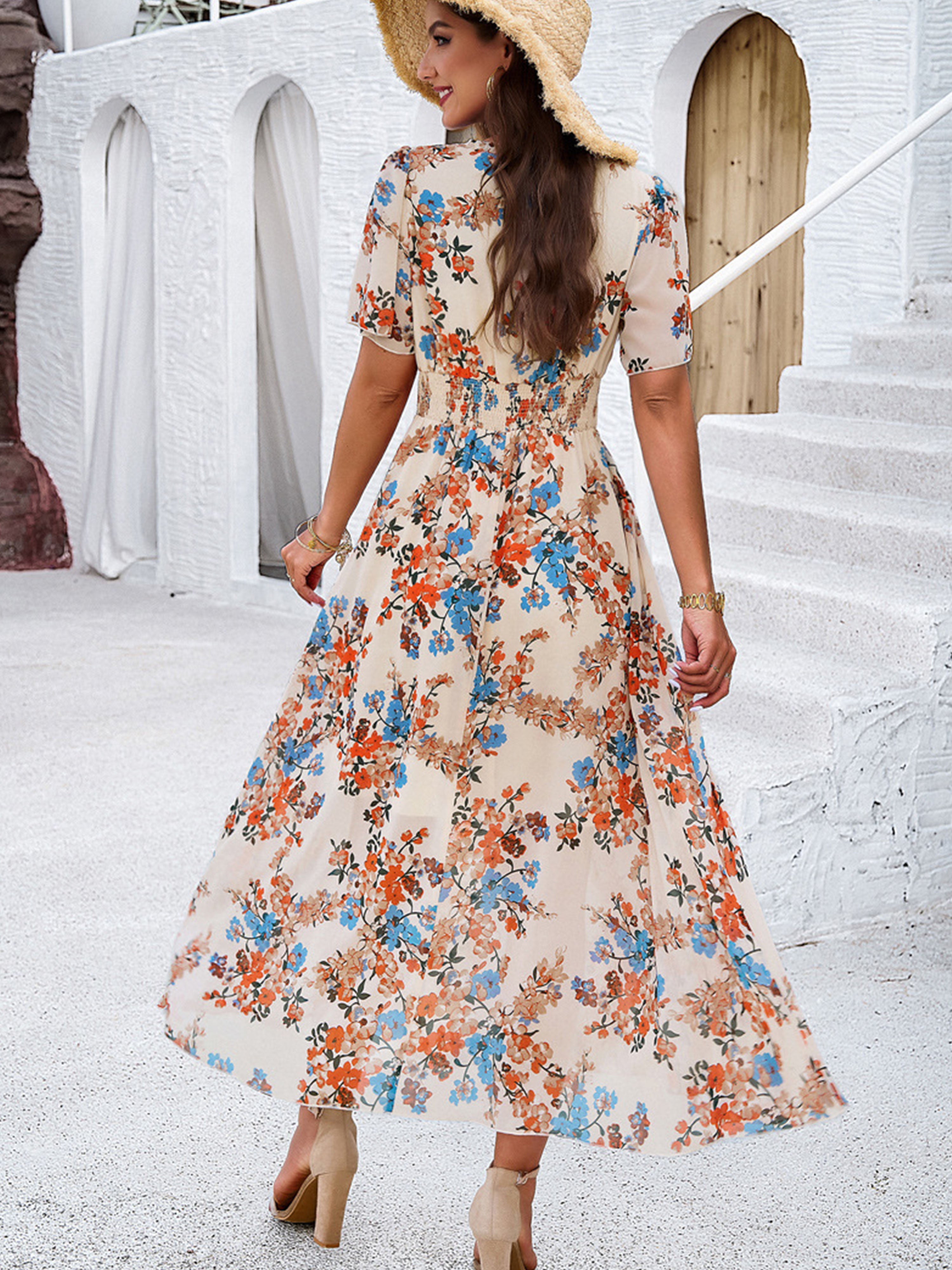 Robe en Abricot Trapèze Col V Manches Mi-Longue Robe Invitée de Mariage