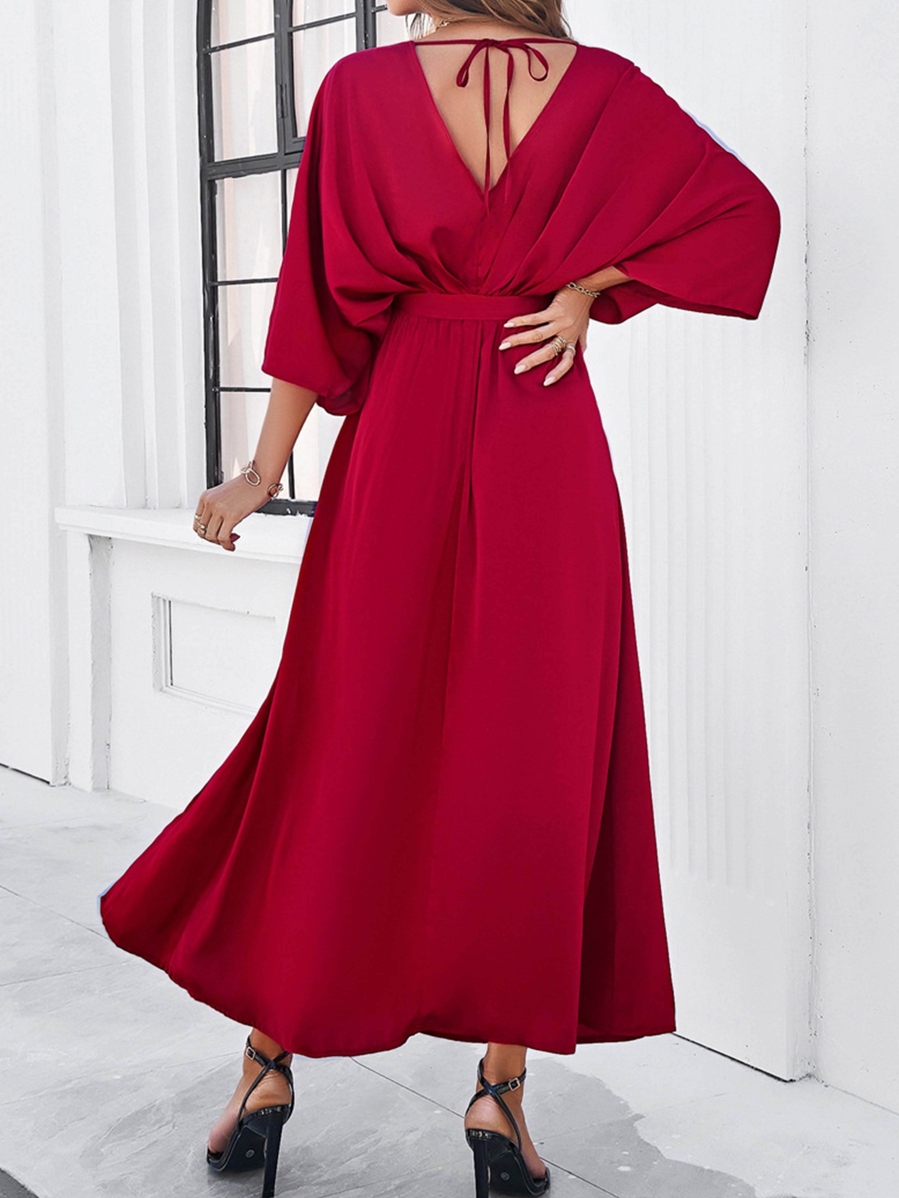 Elégante Robe Invitée de Mariage BORDEAUX Col V 3/4 Manches avec Ceinture