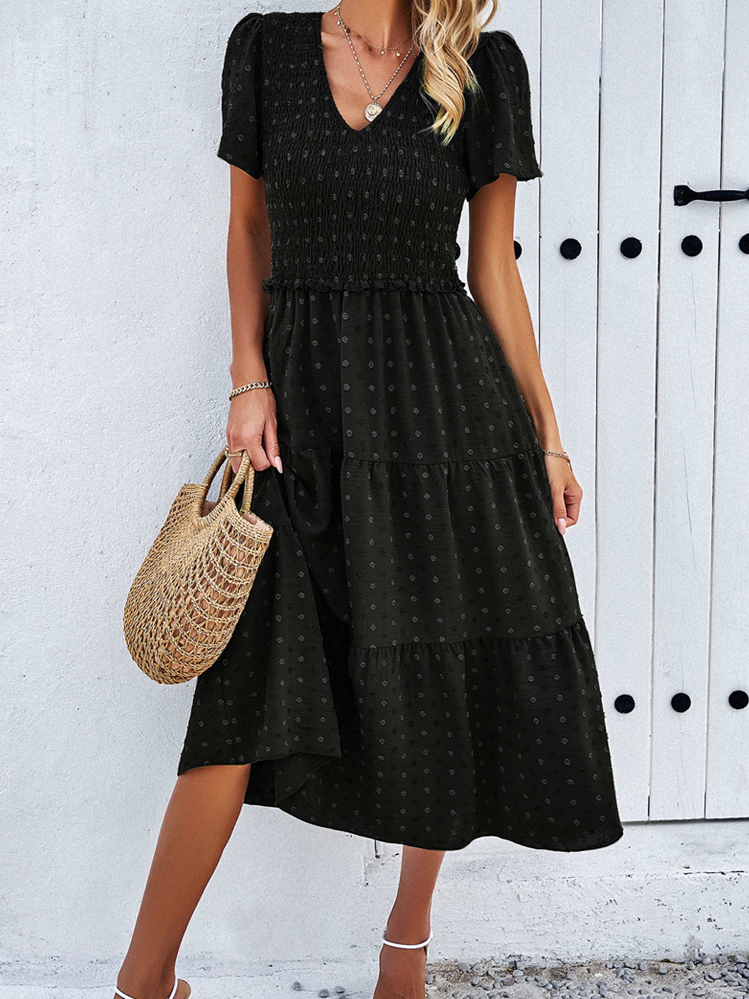 Robe Invitée de Mariage Noir Robe à Pois Mi-longue Col V Manches Courtes
