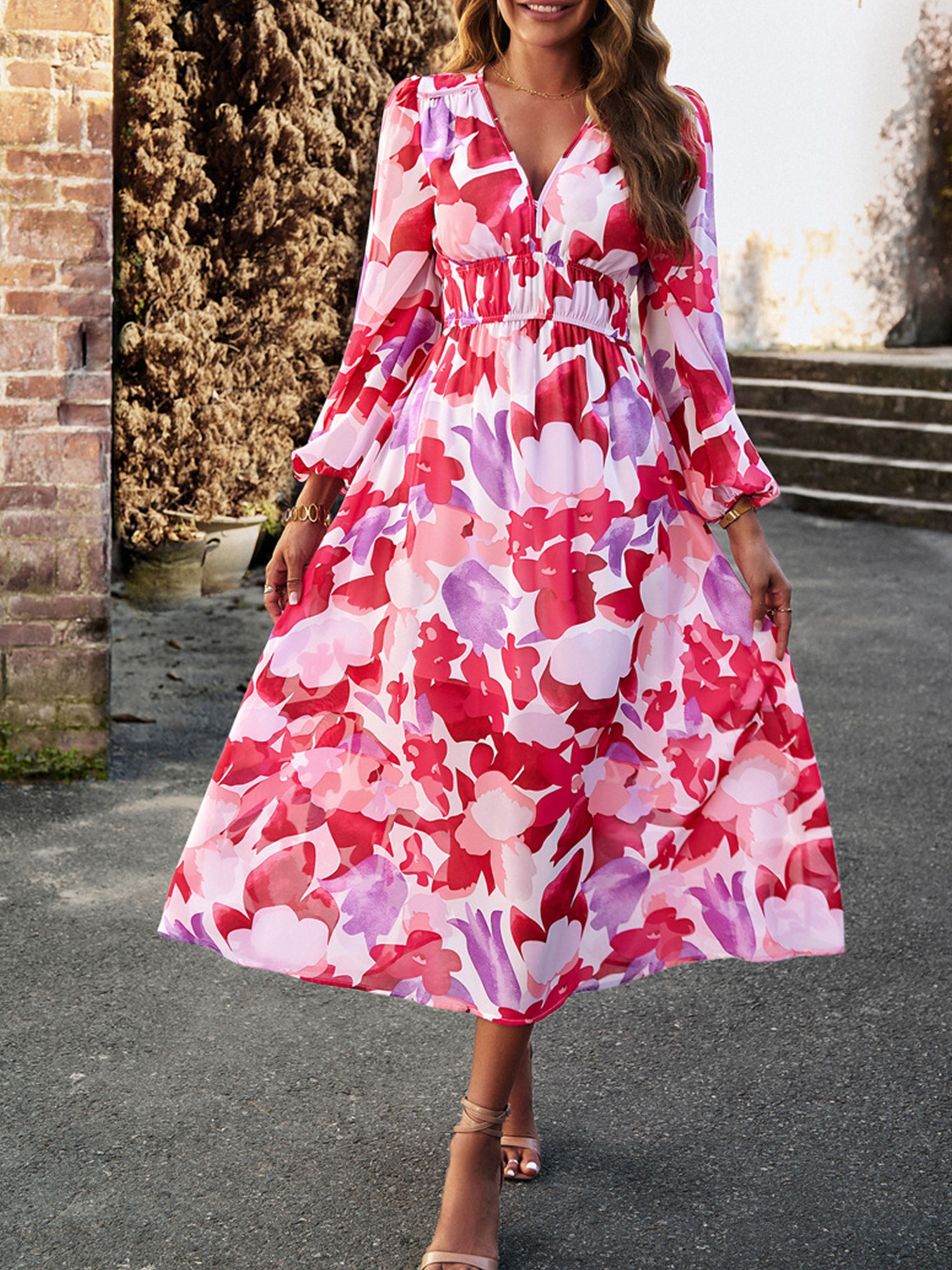 Robe en Rouge Trapèze Col V Manches Longues Robe Invitée de Mariage
