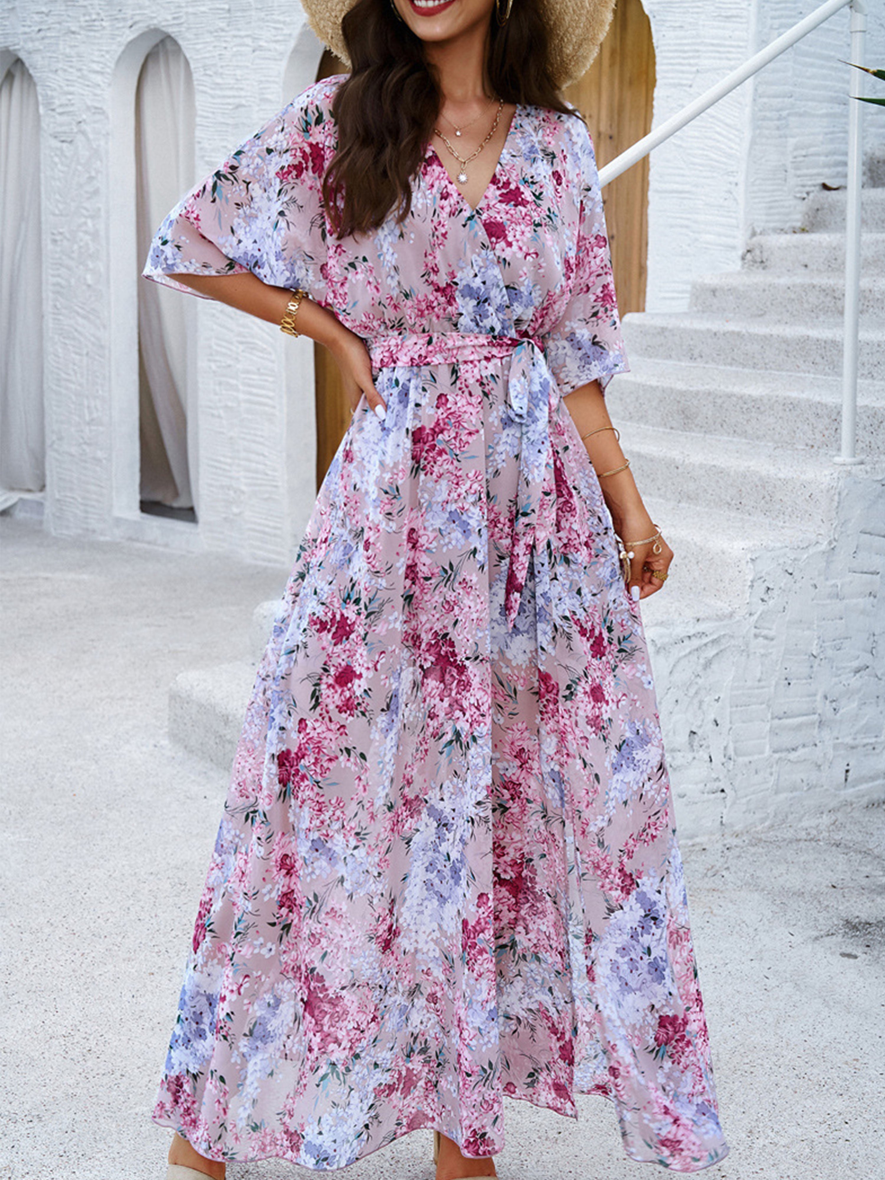 Robe Florale en Rose Trapèze Col V Manches Mi-Longue Robe Invitée de Mariage