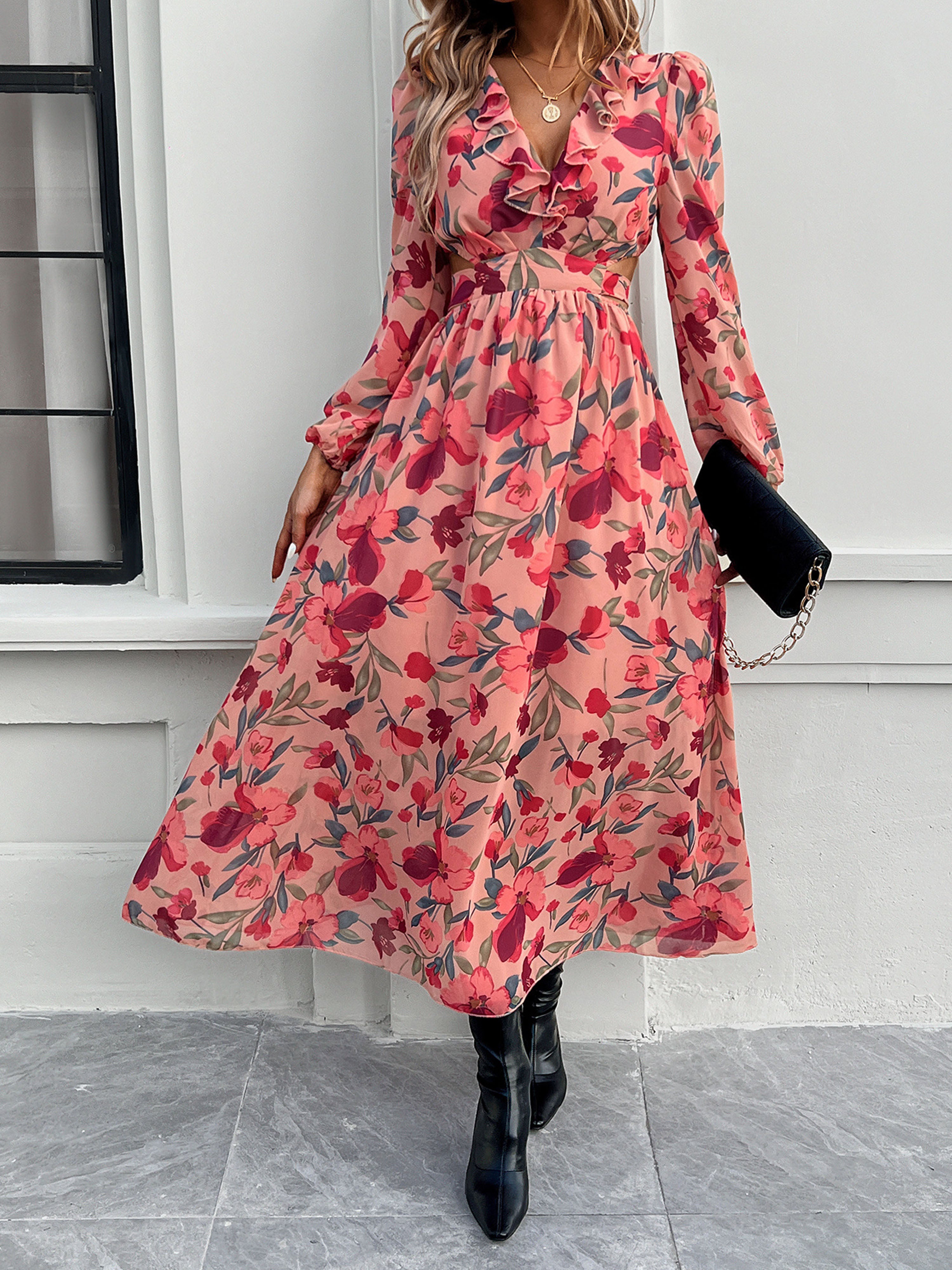 Robe Invitée de Mariage Pastèque Florale Robe bohème Col V Manches longues